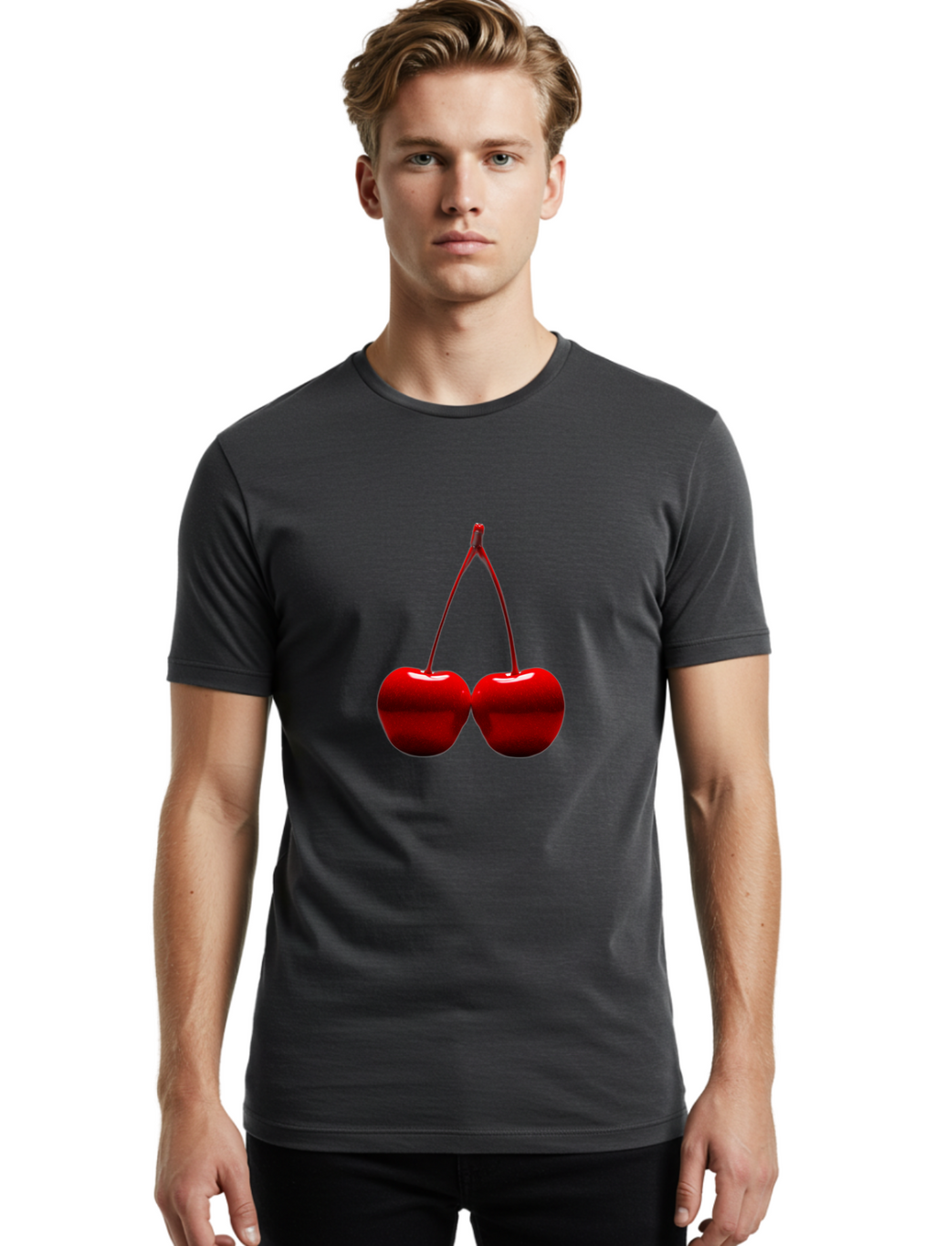 Two-Cherries-4 Men'S Graphic Tee, 100% Cotton, Comfortable Casual Summer Wear, Machine Washable, Vintage Camera, Old Camera, Antique Camera, Black Camera, Classic Photography, Photography Equipment, Nostalgic Device, Film Camera, Camera Art Bal535