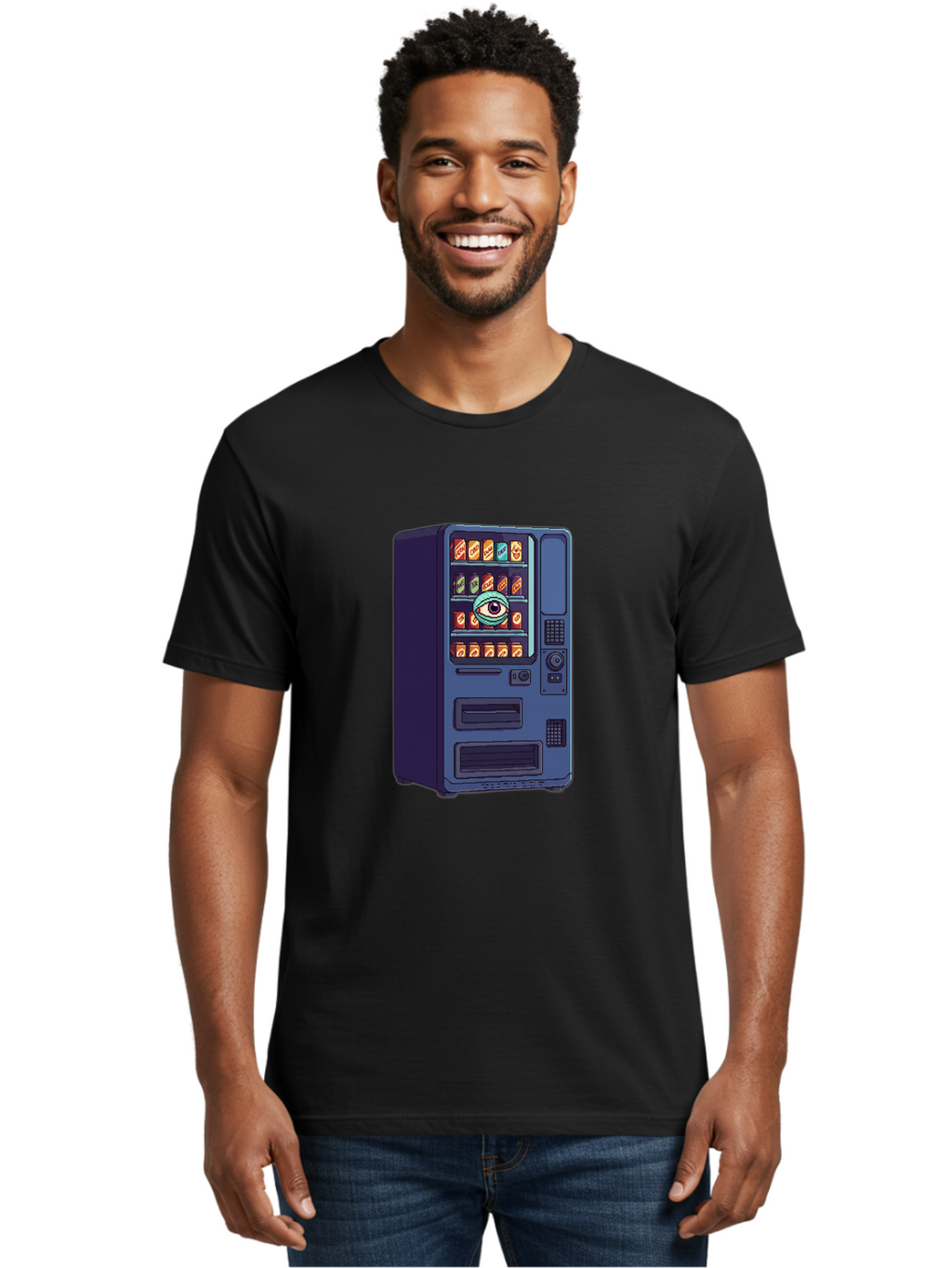 Vending-Machine-With-Eye Men'S Graphic Tee, 100% Cotton, Comfortable Casual Summer Wear, Machine Washable, Vintage Camera, Old Camera, Antique Camera, Black Camera, Classic Photography, Photography Equipment, Nostalgic Device, Film Camera, Bal565