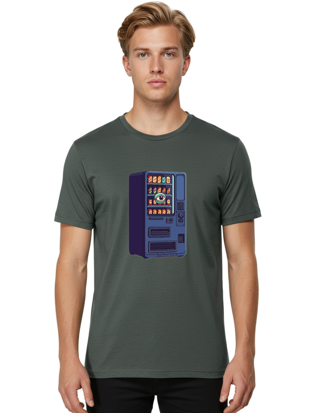 Vending-Machine-With-Eye Men'S Graphic Tee, 100% Cotton, Comfortable Casual Summer Wear, Machine Washable, Vintage Camera, Old Camera, Antique Camera, Black Camera, Classic Photography, Photography Equipment, Nostalgic Device, Film Camera, Bal565