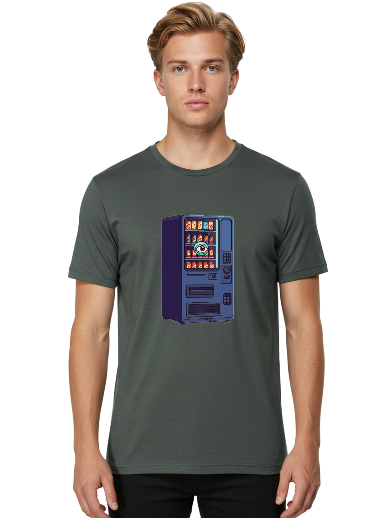 Vending-Machine-With-Eye Men'S Graphic Tee, 100% Cotton, Comfortable Casual Summer Wear, Machine Washable, Vintage Camera, Old Camera, Antique Camera, Black Camera, Classic Photography, Photography Equipment, Nostalgic Device, Film Camera, Bal565