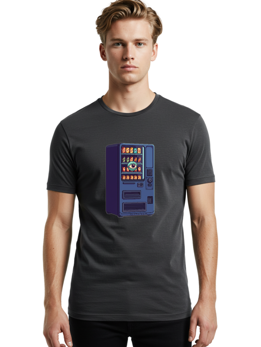 Vending-Machine-With-Eye Men'S Graphic Tee, 100% Cotton, Comfortable Casual Summer Wear, Machine Washable, Vintage Camera, Old Camera, Antique Camera, Black Camera, Classic Photography, Photography Equipment, Nostalgic Device, Film Camera, Bal565