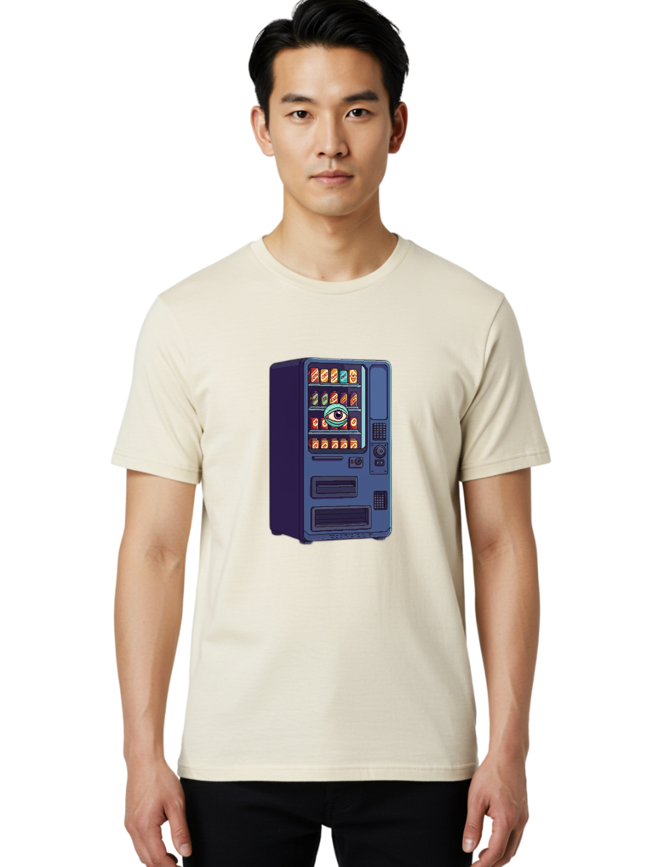 Vending-Machine-With-Eye Men'S Graphic Tee, 100% Cotton, Comfortable Casual Summer Wear, Machine Washable, Vintage Camera, Old Camera, Antique Camera, Black Camera, Classic Photography, Photography Equipment, Nostalgic Device, Film Camera, Bal565