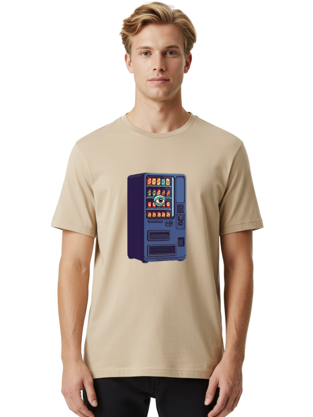 Vending-Machine-With-Eye Men'S Graphic Tee, 100% Cotton, Comfortable Casual Summer Wear, Machine Washable, Vintage Camera, Old Camera, Antique Camera, Black Camera, Classic Photography, Photography Equipment, Nostalgic Device, Film Camera, Bal565