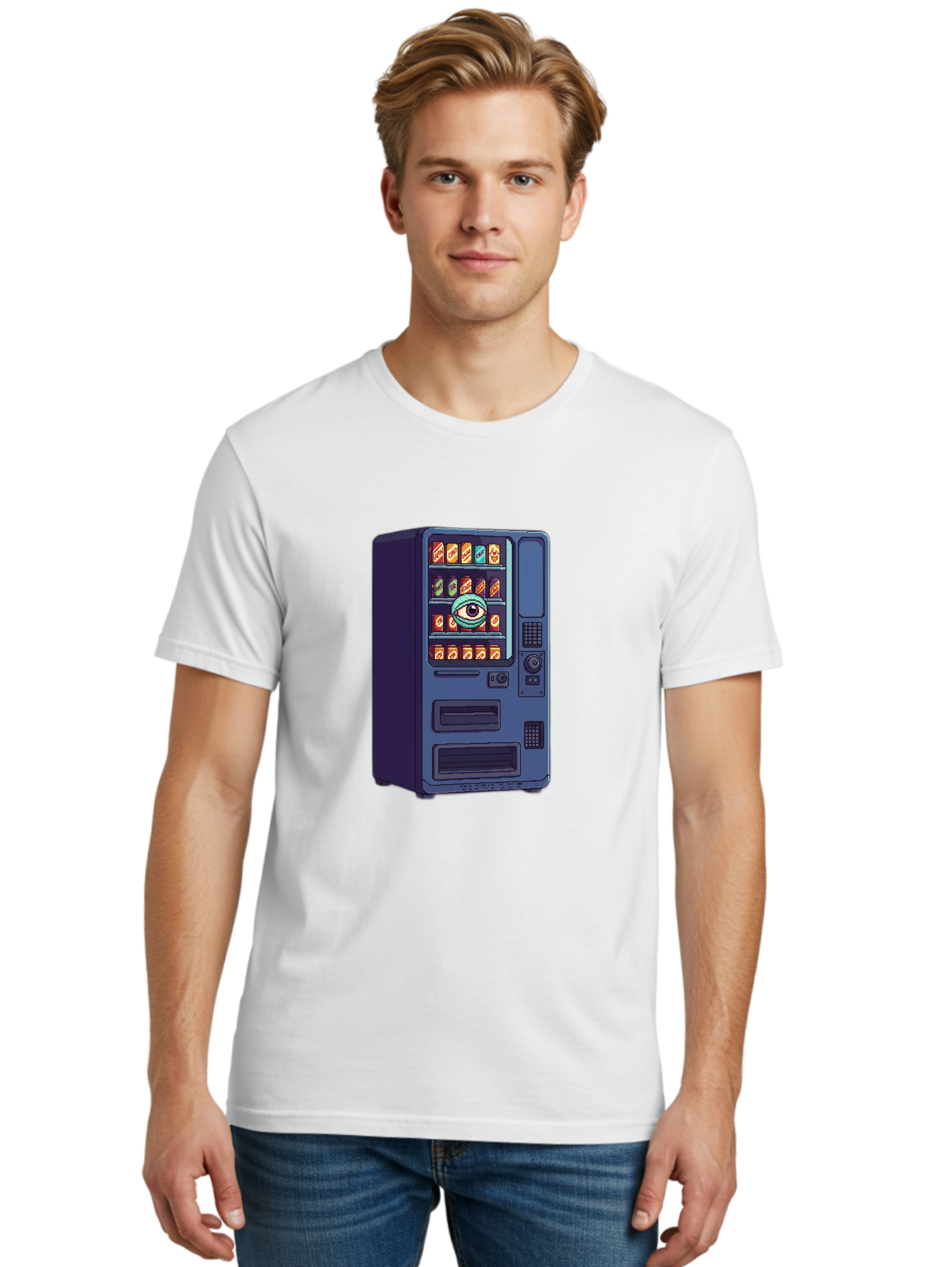 Vending-Machine-With-Eye Men'S Graphic Tee, 100% Cotton, Comfortable Casual Summer Wear, Machine Washable, Vintage Camera, Old Camera, Antique Camera, Black Camera, Classic Photography, Photography Equipment, Nostalgic Device, Film Camera, Bal565