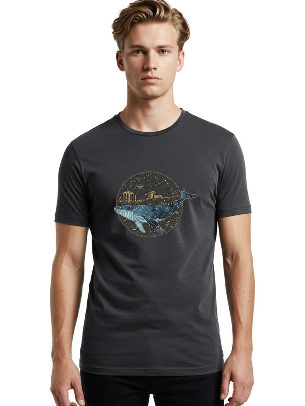 Whale-Constellation Men'S Graphic Tee, 100% Cotton, Comfortable Casual Summer Wear, Machine Washable, Vintage Camera, Old Camera, Antique Camera, Black Camera, Classic Photography, Photography Equipment, Nostalgic Device, Film Camera, Bal601