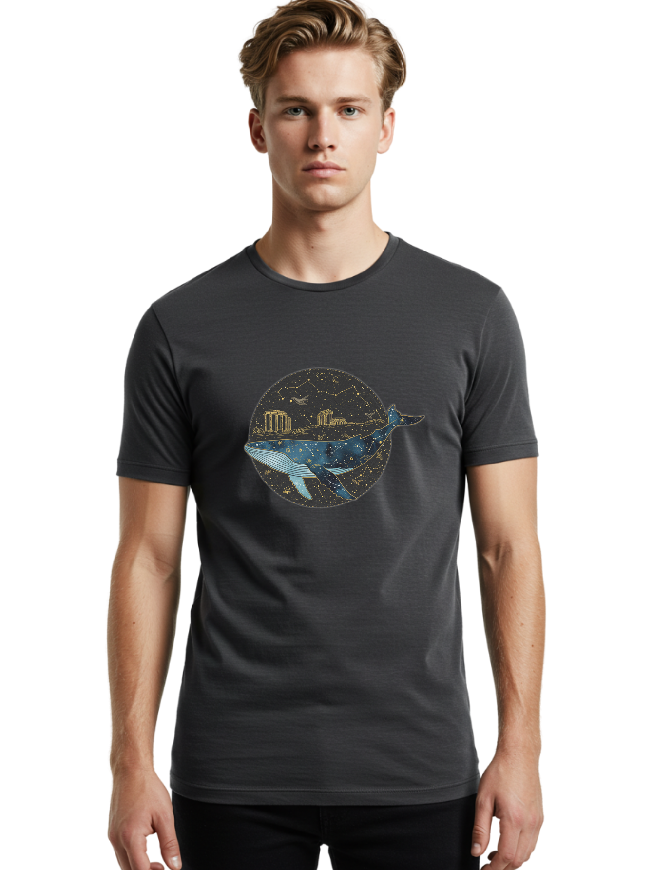 Whale-Constellation Men'S Graphic Tee, 100% Cotton, Comfortable Casual Summer Wear, Machine Washable, Vintage Camera, Old Camera, Antique Camera, Black Camera, Classic Photography, Photography Equipment, Nostalgic Device, Film Camera, Bal601