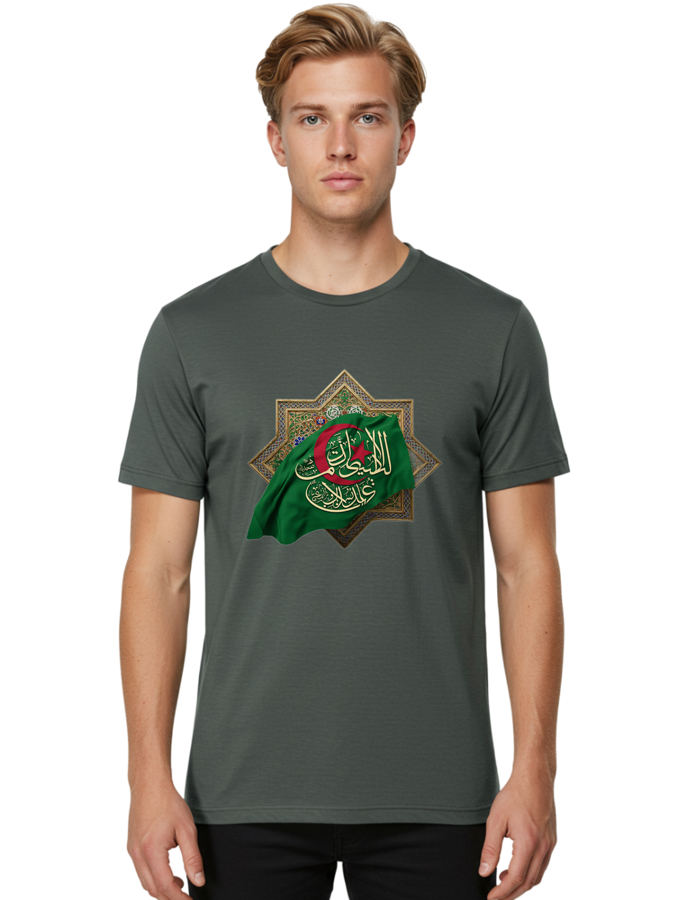 Algerian-Flag-With-Arabic-Calligraphy Men'S Graphic Tee, 100% Cotton, Comfortable Casual Summer Wear, Machine Washable, Vintage Camera, Old Camera, Antique Camera, Black Camera, Classic Photography, Photography Equipment, Nostalgic Device, Bal683