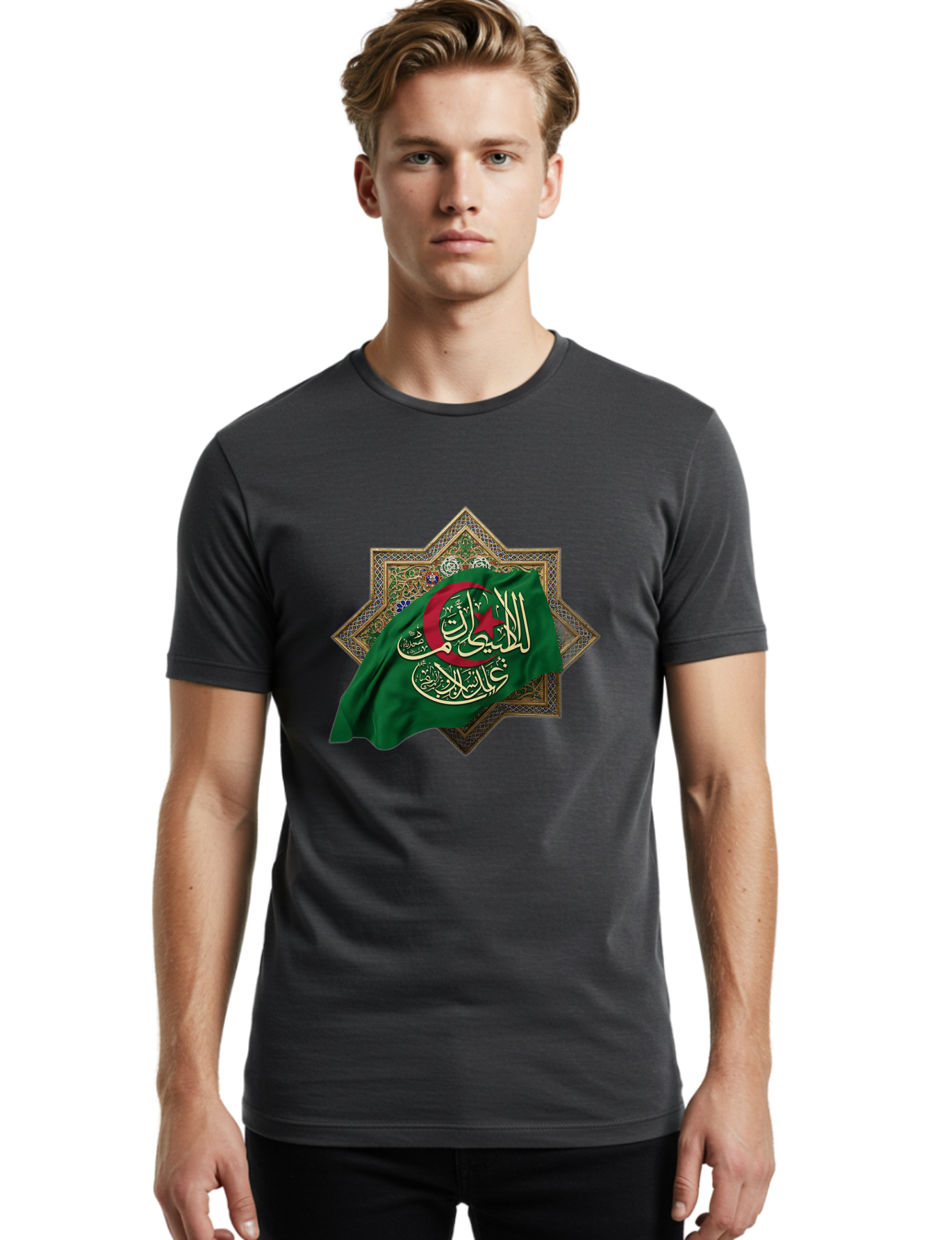 Algerian-Flag-With-Arabic-Calligraphy Men'S Graphic Tee, 100% Cotton, Comfortable Casual Summer Wear, Machine Washable, Vintage Camera, Old Camera, Antique Camera, Black Camera, Classic Photography, Photography Equipment, Nostalgic Device, Bal683