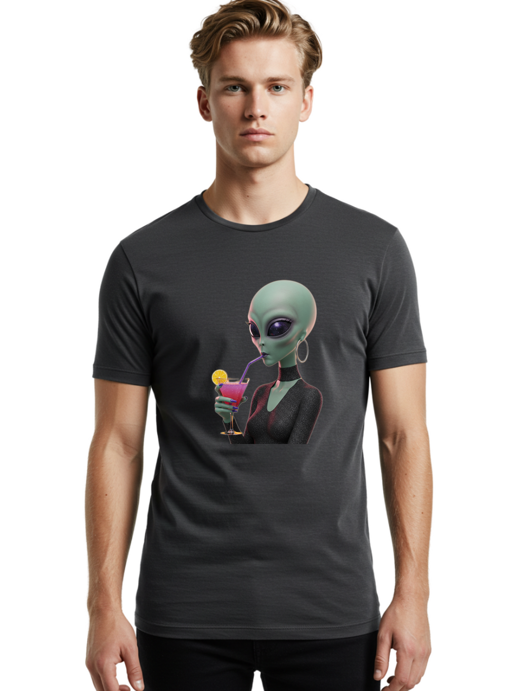Alien-Drinking-Cocktail Men'S Graphic Tee, 100% Cotton, Comfortable Casual Summer Wear, Machine Washable, Vintage Camera, Old Camera, Antique Camera, Black Camera, Classic Photography, Photography Equipment, Nostalgic Device, Film Camera, Bal685