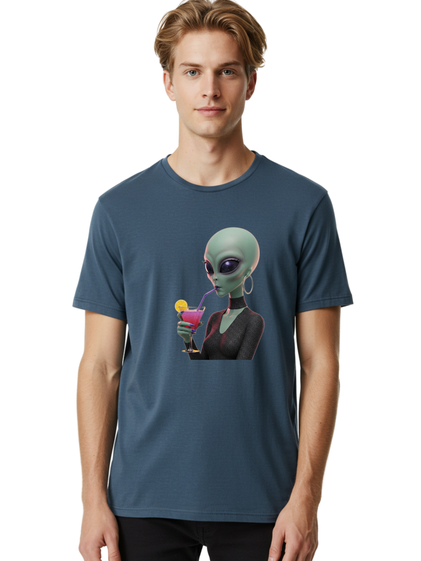Alien-Drinking-Cocktail Men'S Graphic Tee, 100% Cotton, Comfortable Casual Summer Wear, Machine Washable, Vintage Camera, Old Camera, Antique Camera, Black Camera, Classic Photography, Photography Equipment, Nostalgic Device, Film Camera, Bal685