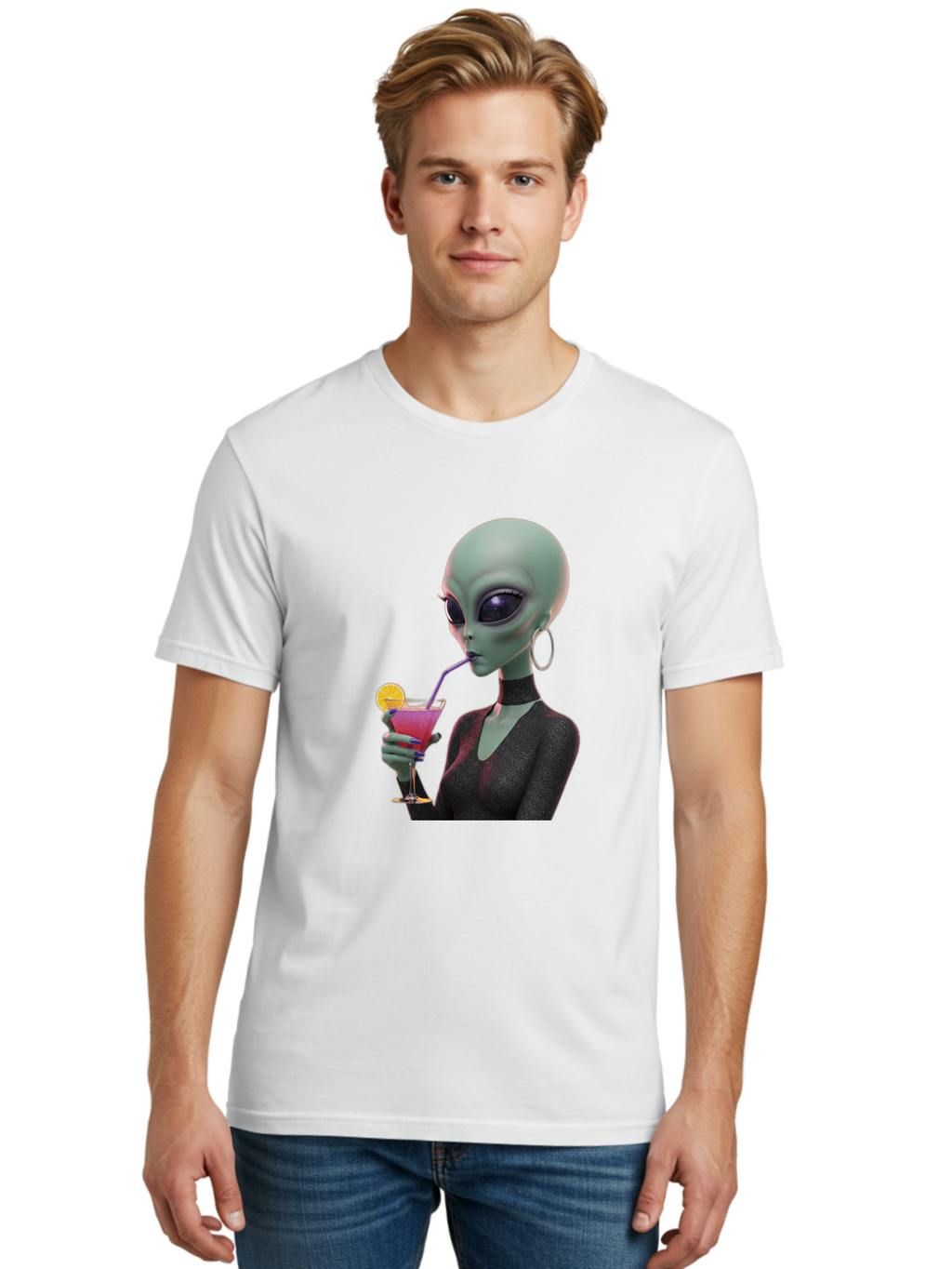 Alien-Drinking-Cocktail Men'S Graphic Tee, 100% Cotton, Comfortable Casual Summer Wear, Machine Washable, Vintage Camera, Old Camera, Antique Camera, Black Camera, Classic Photography, Photography Equipment, Nostalgic Device, Film Camera, Bal685