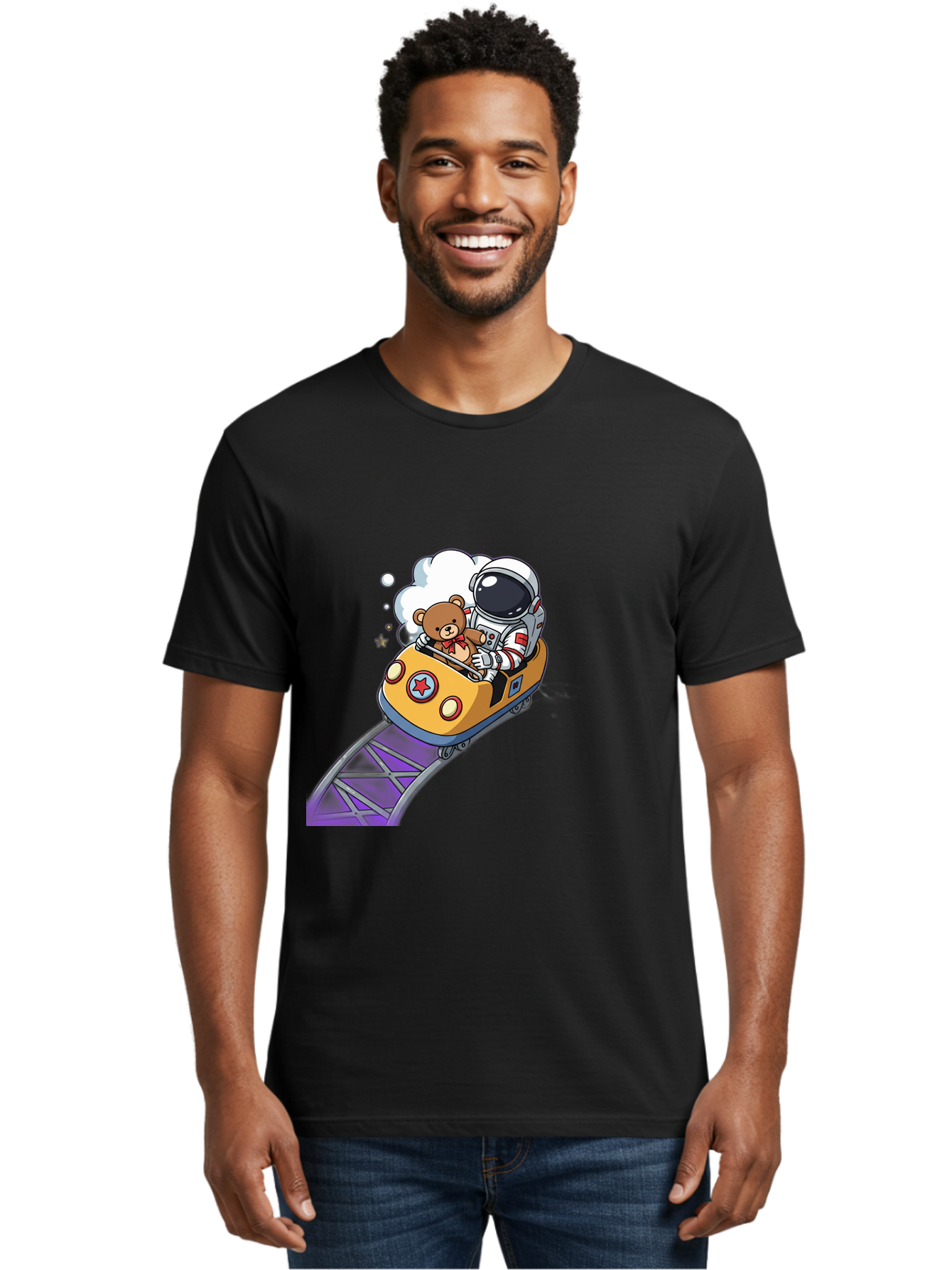 Astronaut-And-Teddy-Bear-Rollercoaster-Ride Men'S Graphic Tee, 100% Cotton, Comfortable Casual Summer Wear, Machine Washable, Vintage Camera, Old Camera, Antique Camera, Black Camera, Classic Photography, Photography Equipment, Bal726