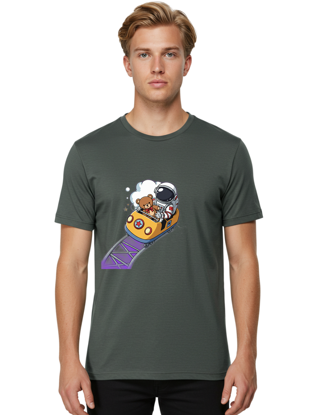 Astronaut-And-Teddy-Bear-Rollercoaster-Ride Men'S Graphic Tee, 100% Cotton, Comfortable Casual Summer Wear, Machine Washable, Vintage Camera, Old Camera, Antique Camera, Black Camera, Classic Photography, Photography Equipment, Bal726