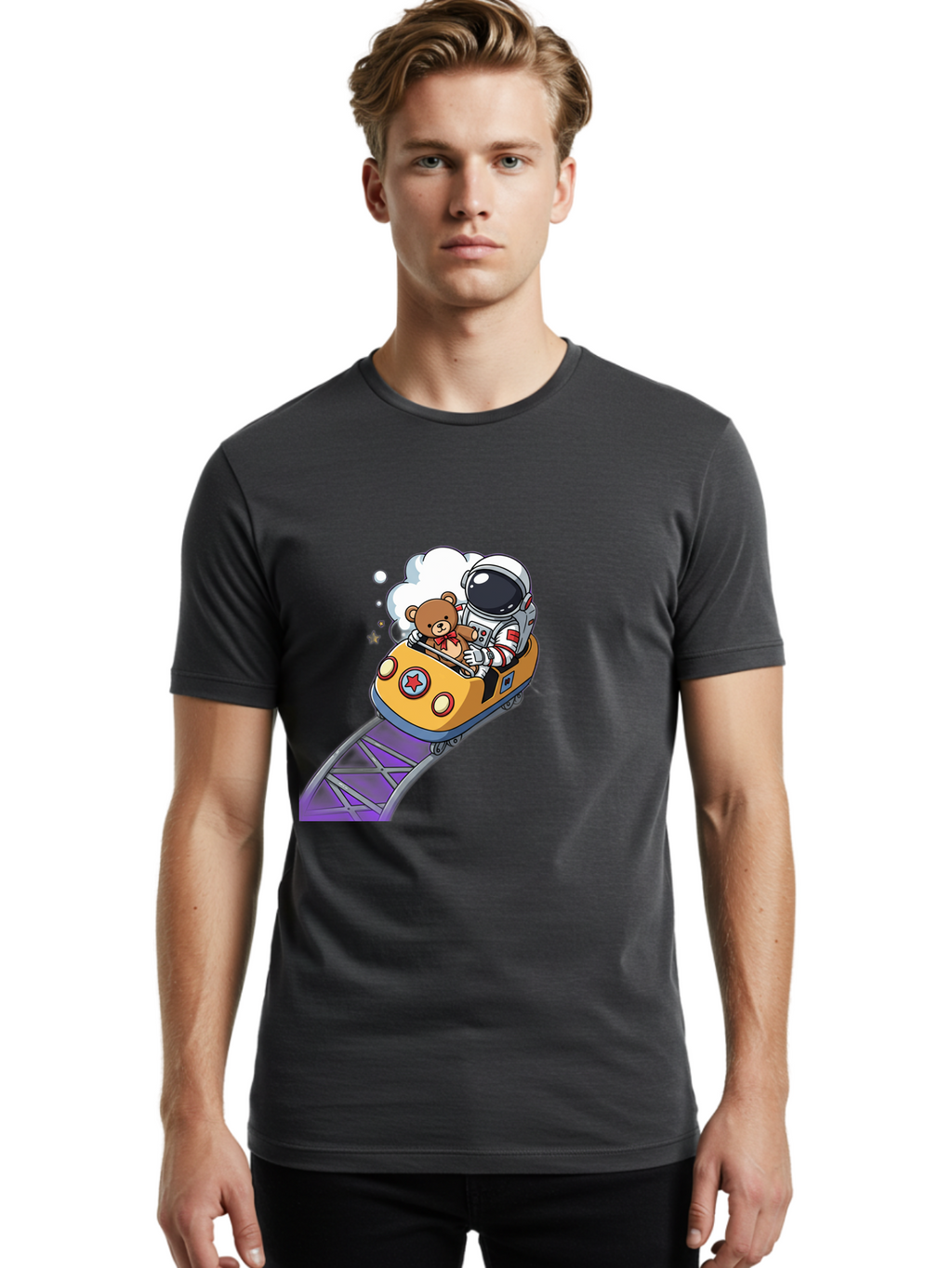 Astronaut-And-Teddy-Bear-Rollercoaster-Ride Men'S Graphic Tee, 100% Cotton, Comfortable Casual Summer Wear, Machine Washable, Vintage Camera, Old Camera, Antique Camera, Black Camera, Classic Photography, Photography Equipment, Bal726