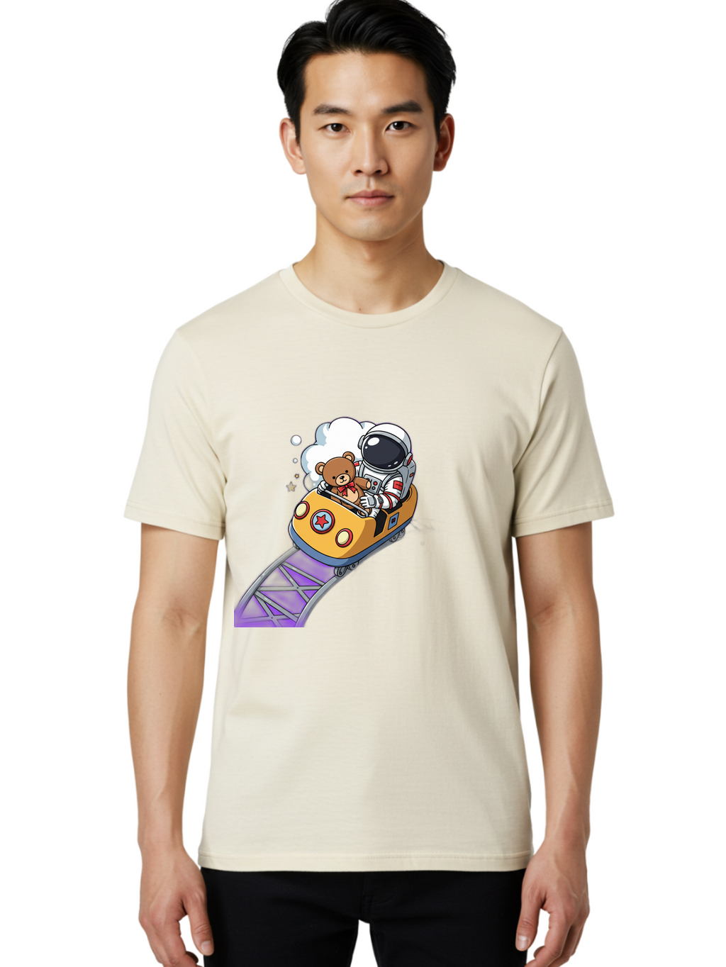 Astronaut-And-Teddy-Bear-Rollercoaster-Ride Men'S Graphic Tee, 100% Cotton, Comfortable Casual Summer Wear, Machine Washable, Vintage Camera, Old Camera, Antique Camera, Black Camera, Classic Photography, Photography Equipment, Bal726