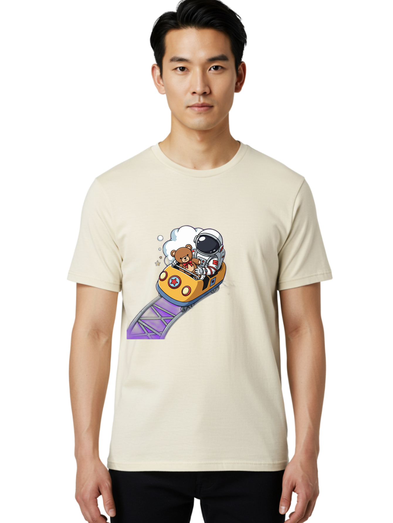 Astronaut-And-Teddy-Bear-Rollercoaster-Ride Men'S Graphic Tee, 100% Cotton, Comfortable Casual Summer Wear, Machine Washable, Vintage Camera, Old Camera, Antique Camera, Black Camera, Classic Photography, Photography Equipment, Bal726