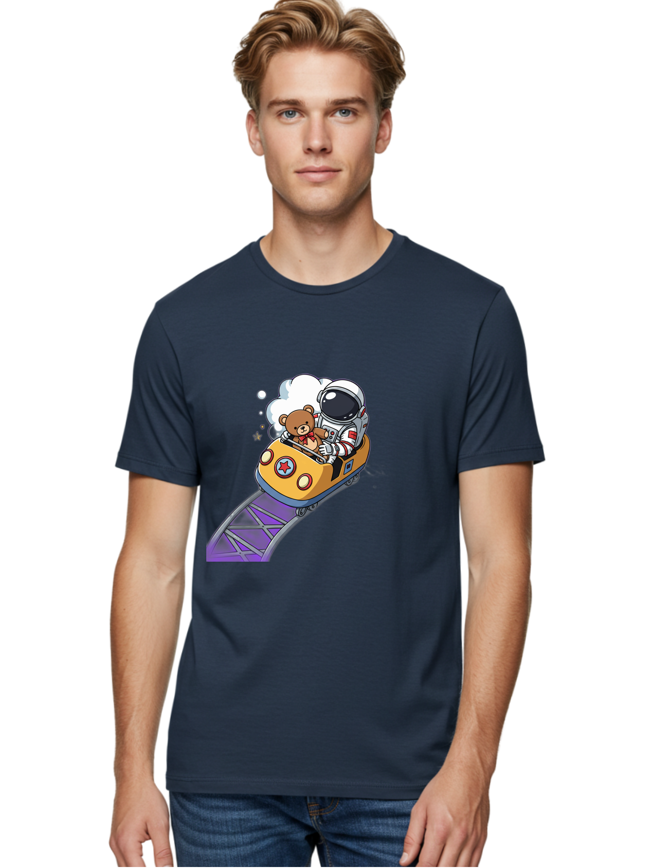 Astronaut-And-Teddy-Bear-Rollercoaster-Ride Men'S Graphic Tee, 100% Cotton, Comfortable Casual Summer Wear, Machine Washable, Vintage Camera, Old Camera, Antique Camera, Black Camera, Classic Photography, Photography Equipment, Bal726