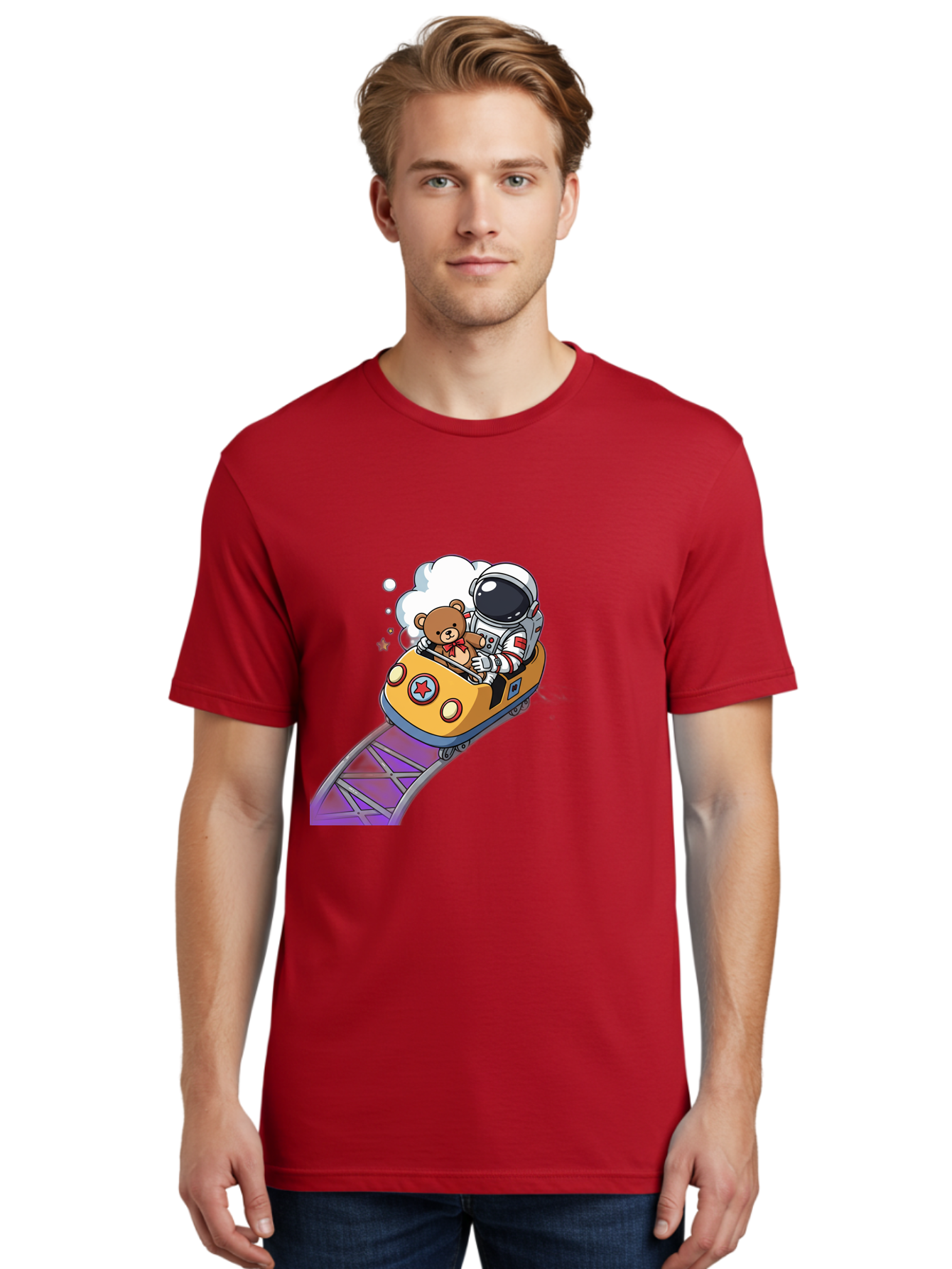 Astronaut-And-Teddy-Bear-Rollercoaster-Ride Men'S Graphic Tee, 100% Cotton, Comfortable Casual Summer Wear, Machine Washable, Vintage Camera, Old Camera, Antique Camera, Black Camera, Classic Photography, Photography Equipment, Bal726