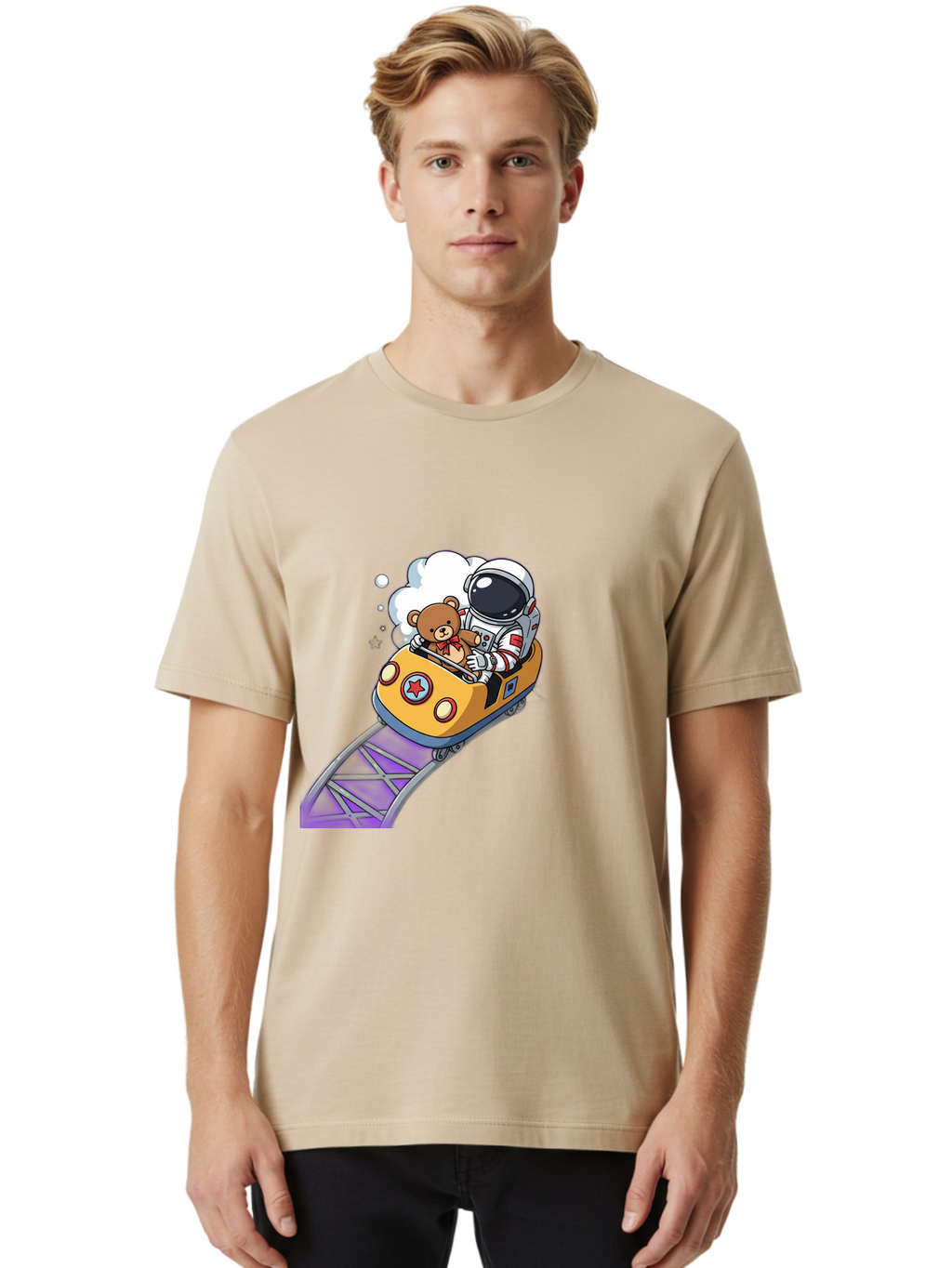 Astronaut-And-Teddy-Bear-Rollercoaster-Ride Men'S Graphic Tee, 100% Cotton, Comfortable Casual Summer Wear, Machine Washable, Vintage Camera, Old Camera, Antique Camera, Black Camera, Classic Photography, Photography Equipment, Bal726