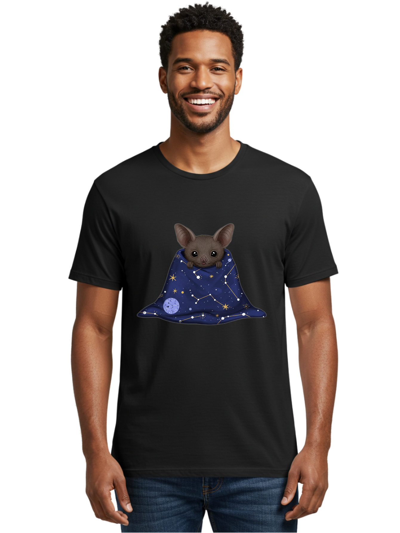 Bat-In-A-Starry-Blanket-1 Men'S Graphic Tee, 100% Cotton, Comfortable Casual Summer Wear, Machine Washable, Vintage Camera, Old Camera, Antique Camera, Black Camera, Classic Photography, Photography Equipment, Nostalgic Device, Film Camera, Bal761