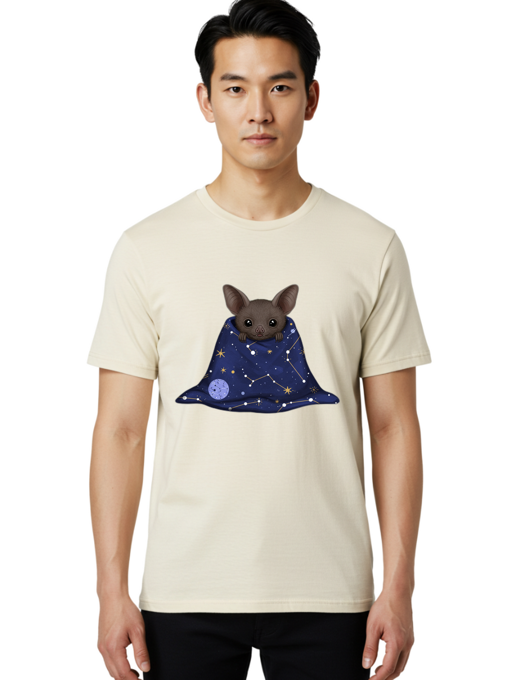 Bat-In-A-Starry-Blanket-1 Men'S Graphic Tee, 100% Cotton, Comfortable Casual Summer Wear, Machine Washable, Vintage Camera, Old Camera, Antique Camera, Black Camera, Classic Photography, Photography Equipment, Nostalgic Device, Film Camera, Bal761