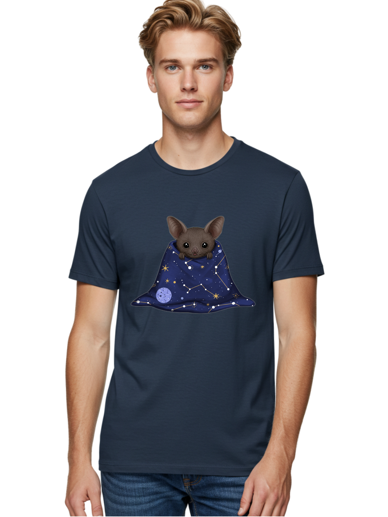 Bat-In-A-Starry-Blanket-1 Men'S Graphic Tee, 100% Cotton, Comfortable Casual Summer Wear, Machine Washable, Vintage Camera, Old Camera, Antique Camera, Black Camera, Classic Photography, Photography Equipment, Nostalgic Device, Film Camera, Bal761