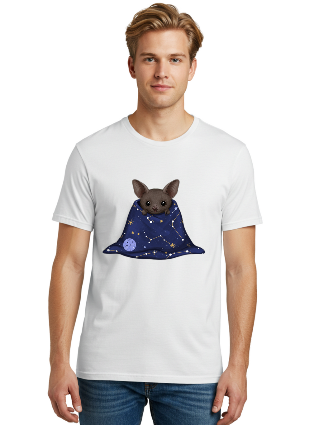 Bat-In-A-Starry-Blanket-1 Men'S Graphic Tee, 100% Cotton, Comfortable Casual Summer Wear, Machine Washable, Vintage Camera, Old Camera, Antique Camera, Black Camera, Classic Photography, Photography Equipment, Nostalgic Device, Film Camera, Bal761