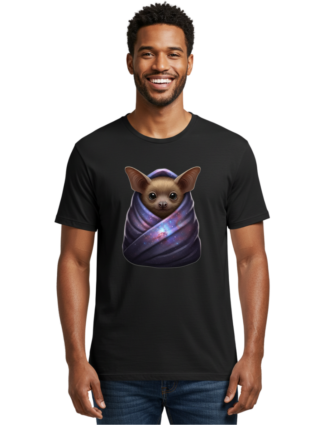 Bat-Wrapped-In-Galaxy-Blanket-1 Men'S Graphic Tee, 100% Cotton, Comfortable Casual Summer Wear, Machine Washable, Vintage Camera, Old Camera, Antique Camera, Black Camera, Classic Photography, Photography Equipment, Nostalgic Device, Bal768