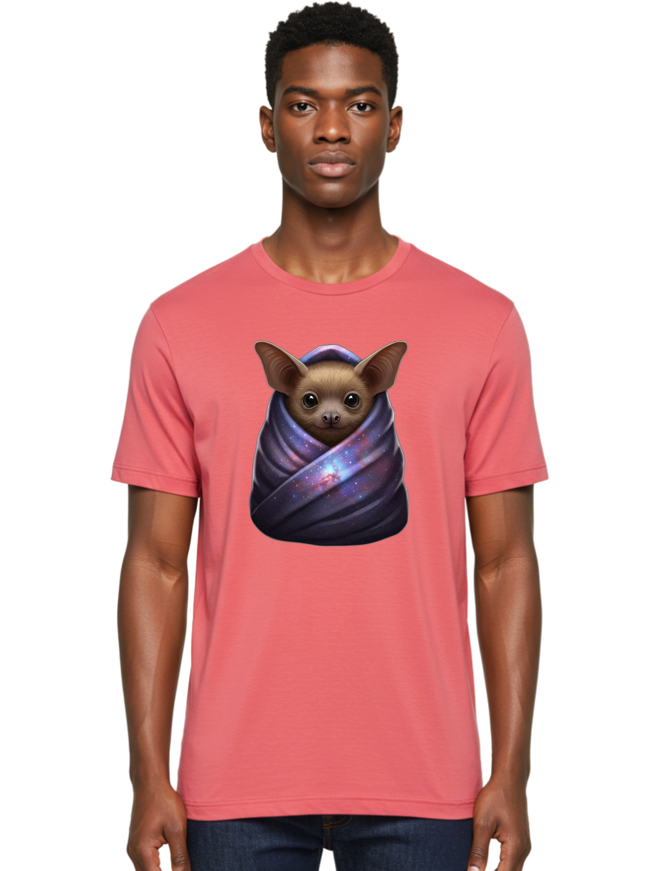 Bat-Wrapped-In-Galaxy-Blanket-1 Men'S Graphic Tee, 100% Cotton, Comfortable Casual Summer Wear, Machine Washable, Vintage Camera, Old Camera, Antique Camera, Black Camera, Classic Photography, Photography Equipment, Nostalgic Device, Bal768
