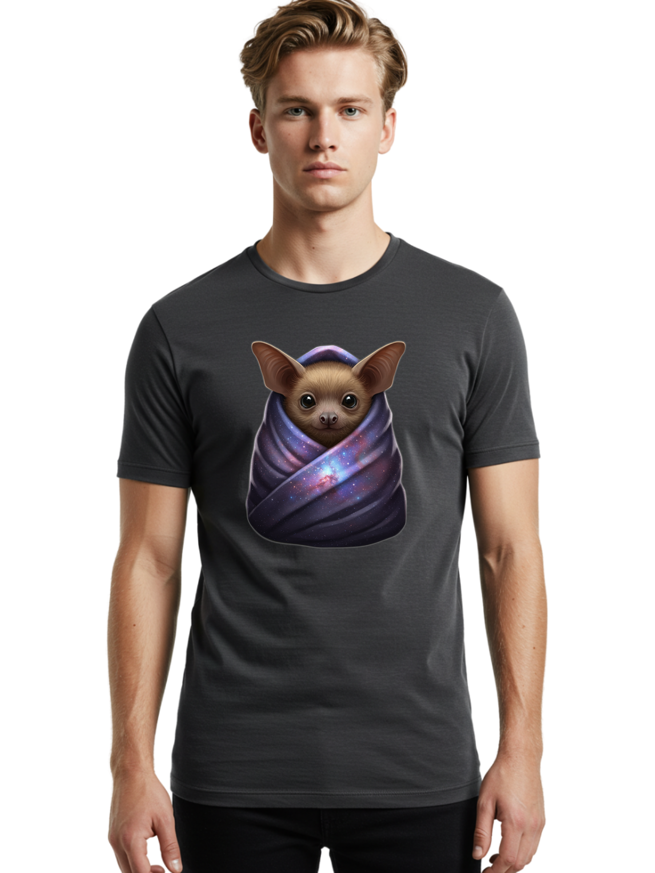 Bat-Wrapped-In-Galaxy-Blanket-1 Men'S Graphic Tee, 100% Cotton, Comfortable Casual Summer Wear, Machine Washable, Vintage Camera, Old Camera, Antique Camera, Black Camera, Classic Photography, Photography Equipment, Nostalgic Device, Bal768