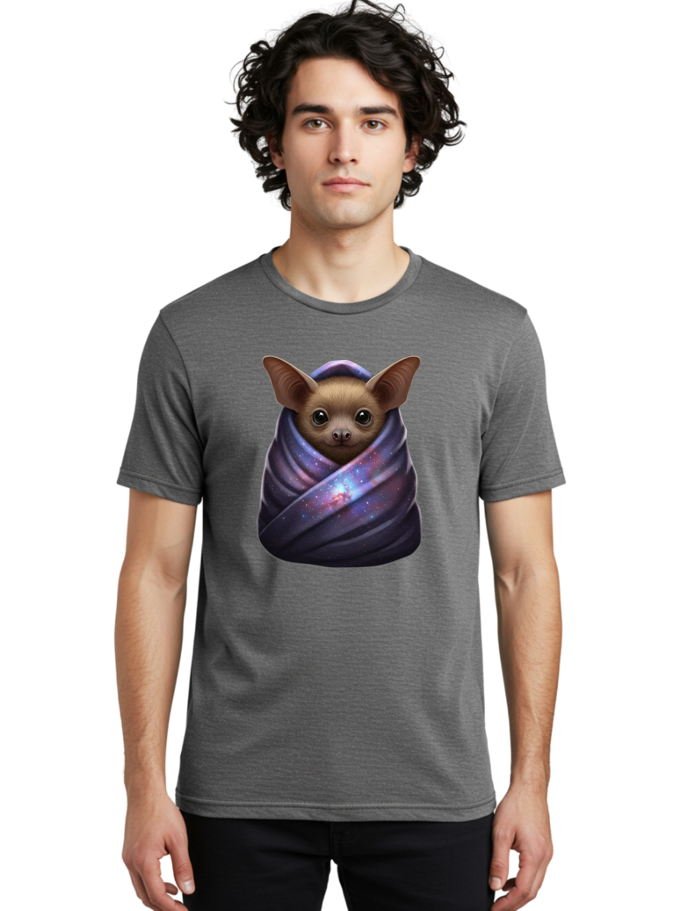 Bat-Wrapped-In-Galaxy-Blanket-1 Men'S Graphic Tee, 100% Cotton, Comfortable Casual Summer Wear, Machine Washable, Vintage Camera, Old Camera, Antique Camera, Black Camera, Classic Photography, Photography Equipment, Nostalgic Device, Bal768