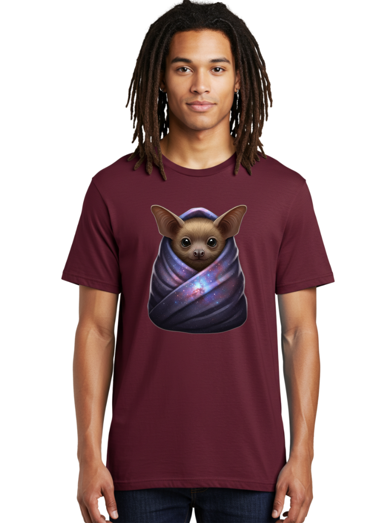 Bat-Wrapped-In-Galaxy-Blanket-1 Men'S Graphic Tee, 100% Cotton, Comfortable Casual Summer Wear, Machine Washable, Vintage Camera, Old Camera, Antique Camera, Black Camera, Classic Photography, Photography Equipment, Nostalgic Device, Bal768