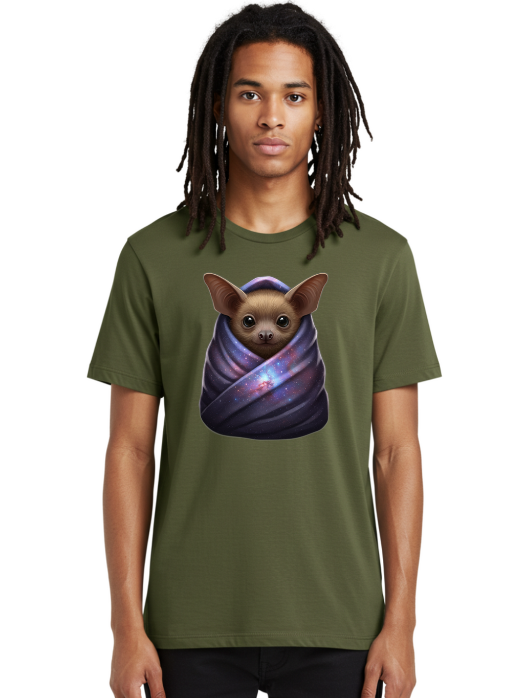 Bat-Wrapped-In-Galaxy-Blanket-1 Men'S Graphic Tee, 100% Cotton, Comfortable Casual Summer Wear, Machine Washable, Vintage Camera, Old Camera, Antique Camera, Black Camera, Classic Photography, Photography Equipment, Nostalgic Device, Bal768