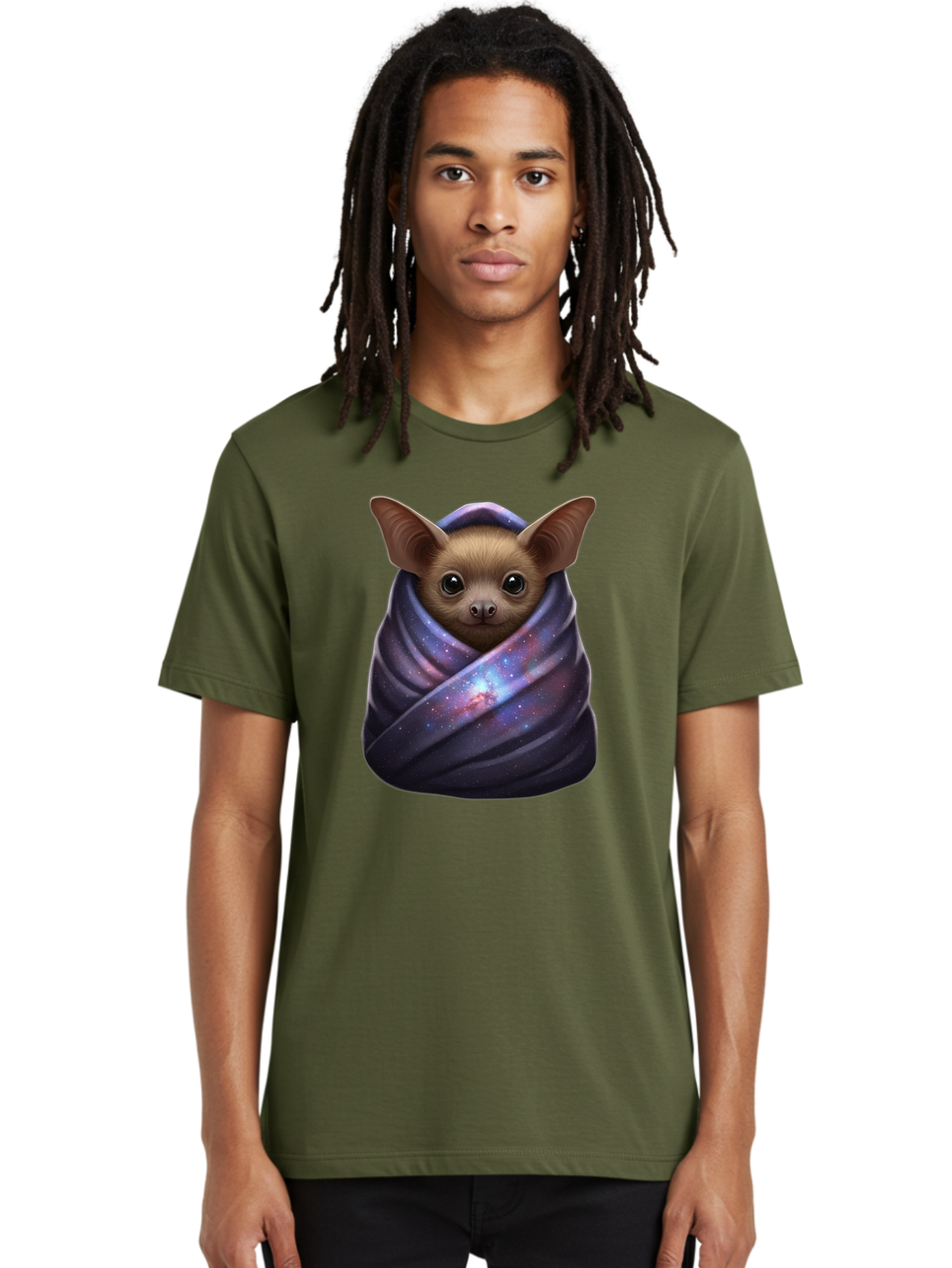 Bat-Wrapped-In-Galaxy-Blanket-1 Men'S Graphic Tee, 100% Cotton, Comfortable Casual Summer Wear, Machine Washable, Vintage Camera, Old Camera, Antique Camera, Black Camera, Classic Photography, Photography Equipment, Nostalgic Device, Bal768