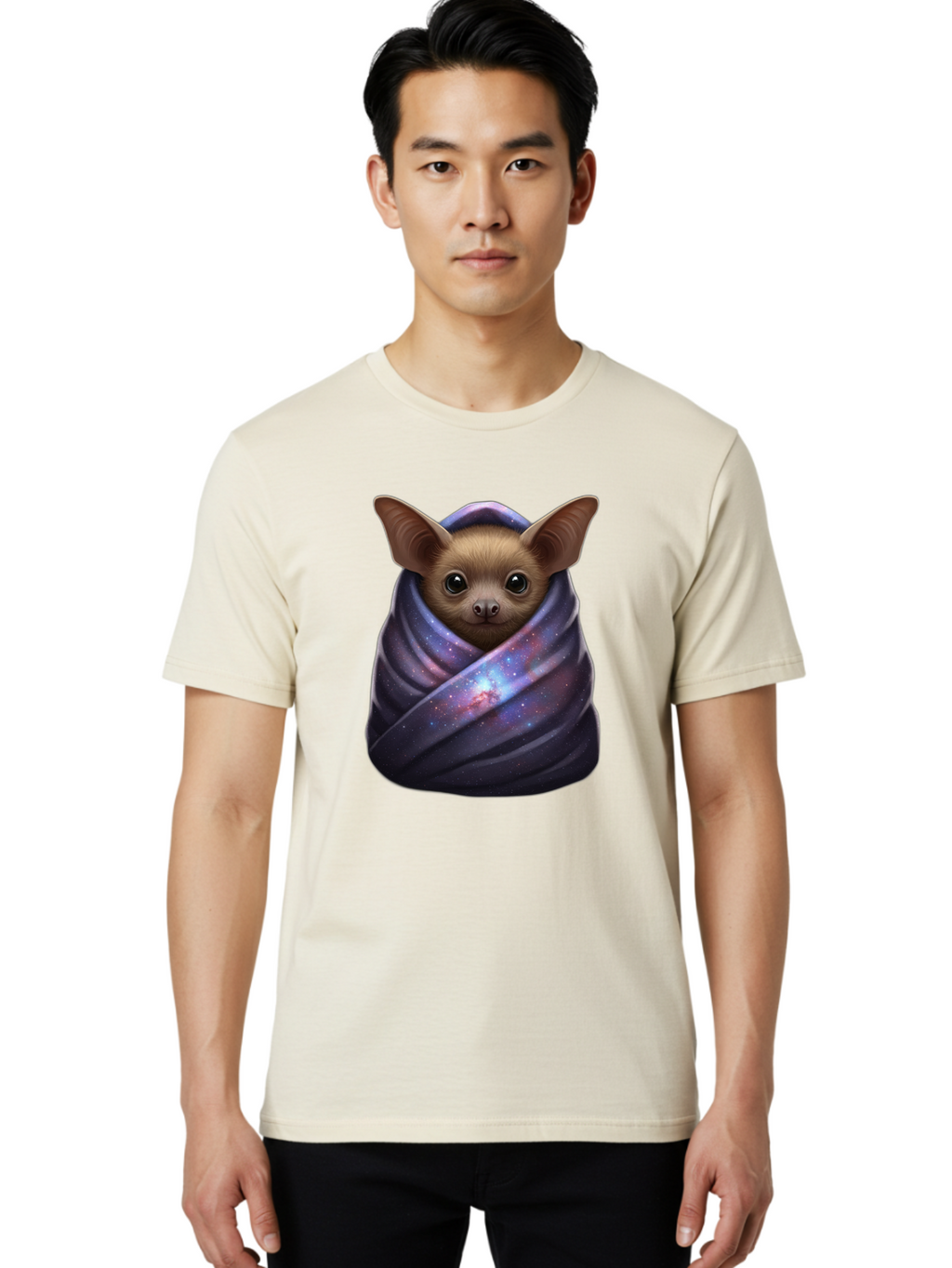 Bat-Wrapped-In-Galaxy-Blanket-1 Men'S Graphic Tee, 100% Cotton, Comfortable Casual Summer Wear, Machine Washable, Vintage Camera, Old Camera, Antique Camera, Black Camera, Classic Photography, Photography Equipment, Nostalgic Device, Bal768
