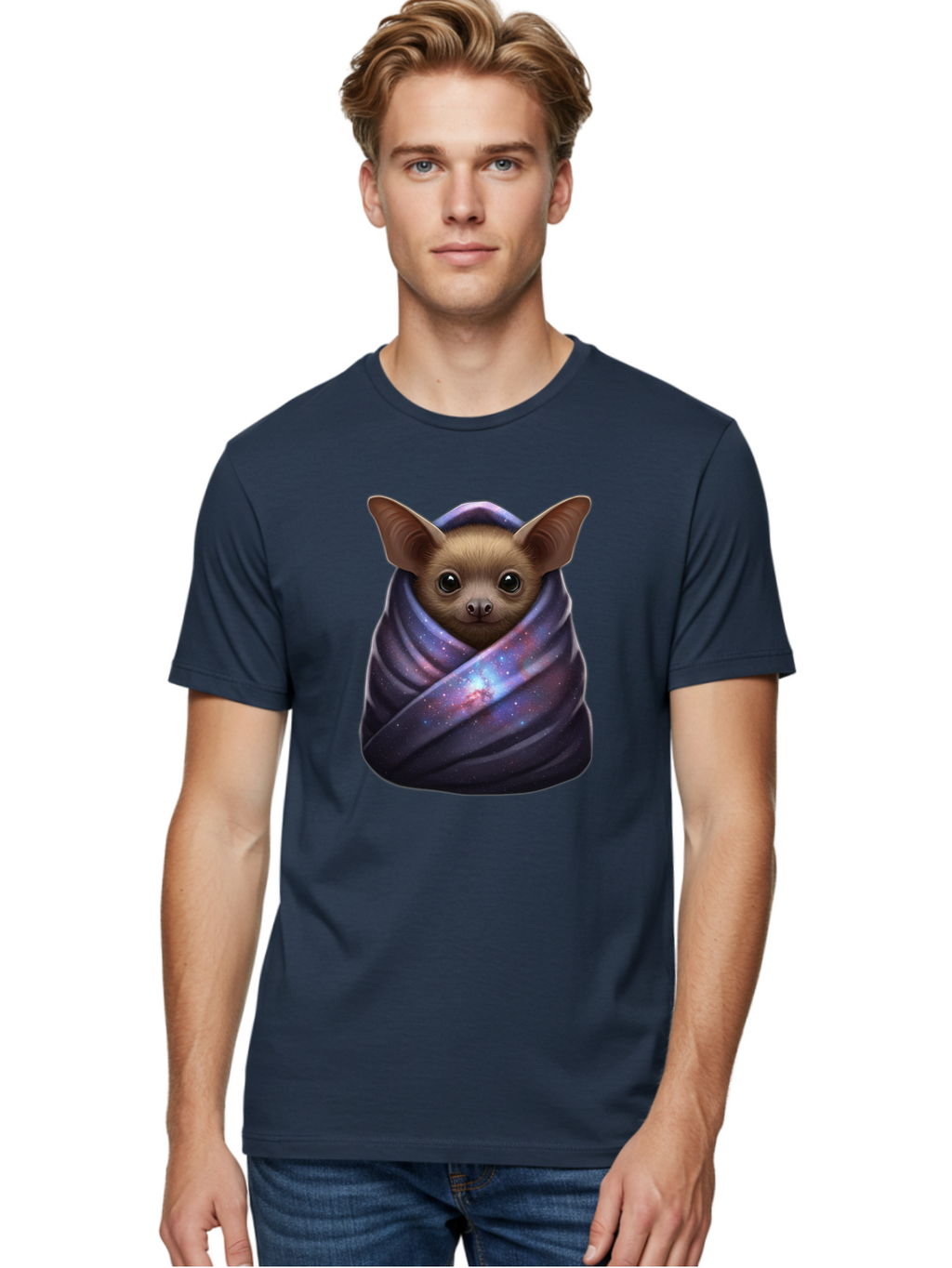 Bat-Wrapped-In-Galaxy-Blanket-1 Men'S Graphic Tee, 100% Cotton, Comfortable Casual Summer Wear, Machine Washable, Vintage Camera, Old Camera, Antique Camera, Black Camera, Classic Photography, Photography Equipment, Nostalgic Device, Bal768