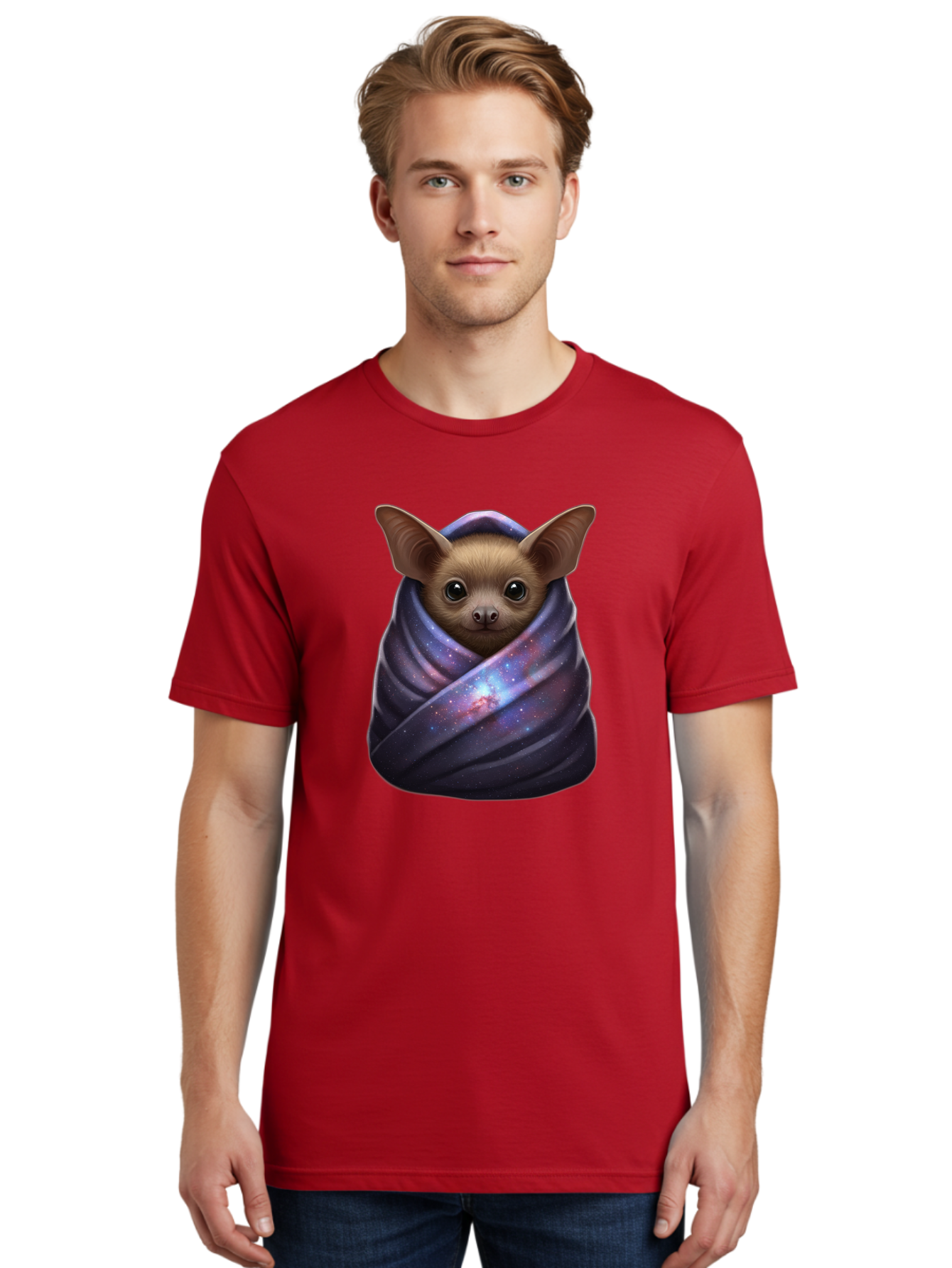 Bat-Wrapped-In-Galaxy-Blanket-1 Men'S Graphic Tee, 100% Cotton, Comfortable Casual Summer Wear, Machine Washable, Vintage Camera, Old Camera, Antique Camera, Black Camera, Classic Photography, Photography Equipment, Nostalgic Device, Bal768
