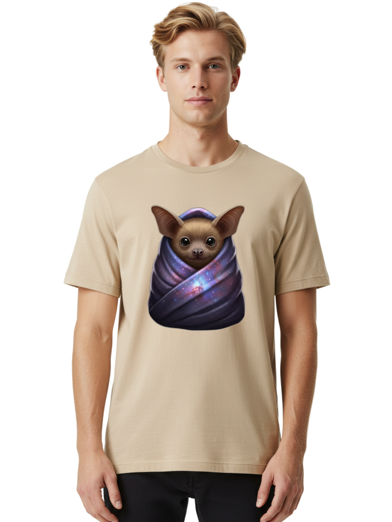 Bat-Wrapped-In-Galaxy-Blanket-1 Men'S Graphic Tee, 100% Cotton, Comfortable Casual Summer Wear, Machine Washable, Vintage Camera, Old Camera, Antique Camera, Black Camera, Classic Photography, Photography Equipment, Nostalgic Device, Bal768