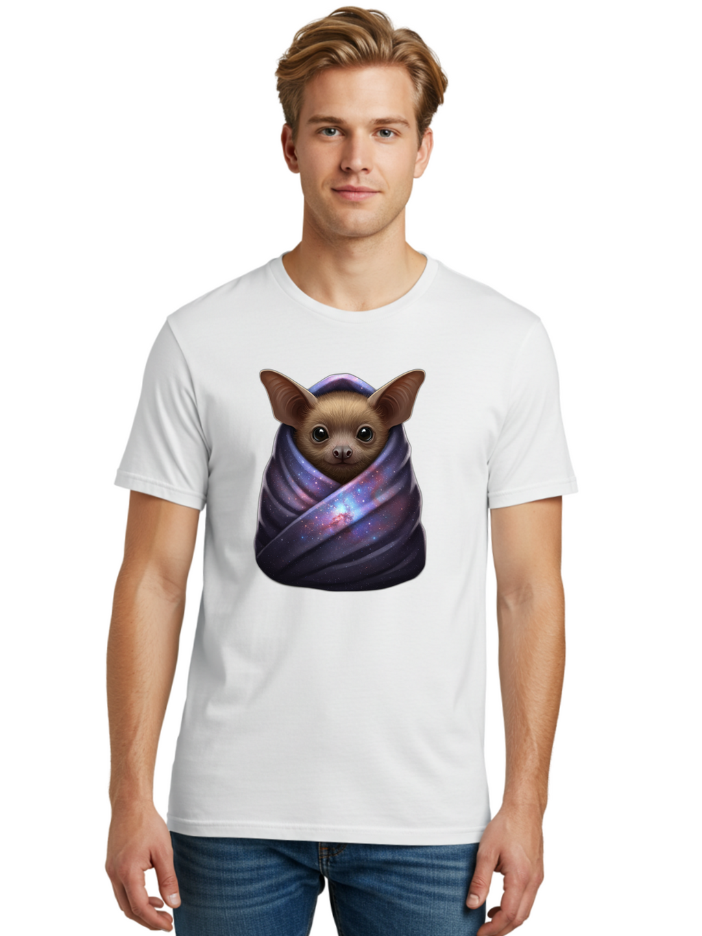 Bat-Wrapped-In-Galaxy-Blanket-1 Men'S Graphic Tee, 100% Cotton, Comfortable Casual Summer Wear, Machine Washable, Vintage Camera, Old Camera, Antique Camera, Black Camera, Classic Photography, Photography Equipment, Nostalgic Device, Bal768