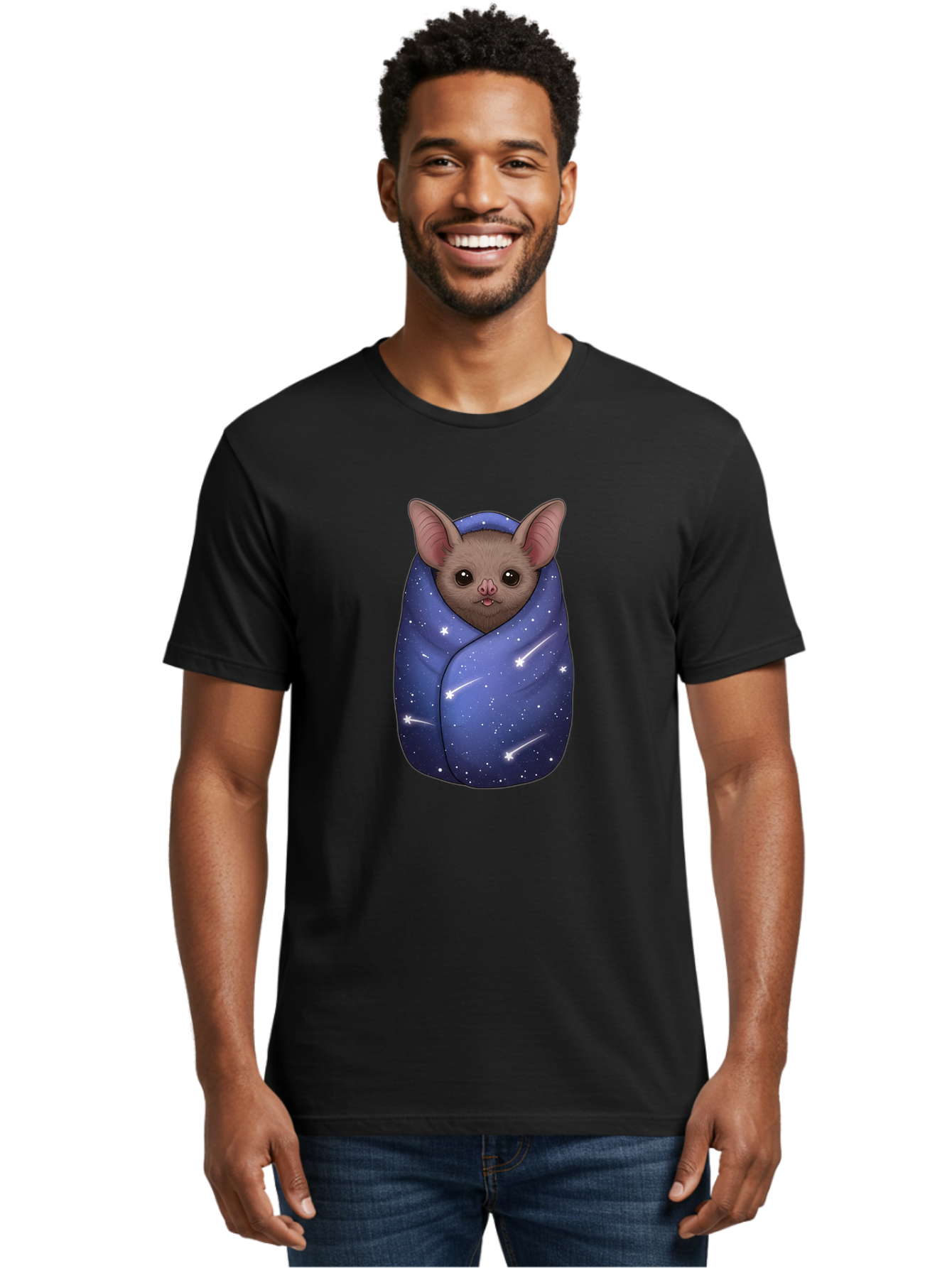 Bat-Wrapped-In-Galaxy-Blanket-2 Men'S Graphic Tee, 100% Cotton, Comfortable Casual Summer Wear, Machine Washable, Vintage Camera, Old Camera, Antique Camera, Black Camera, Classic Photography, Photography Equipment, Nostalgic Device, Bal769