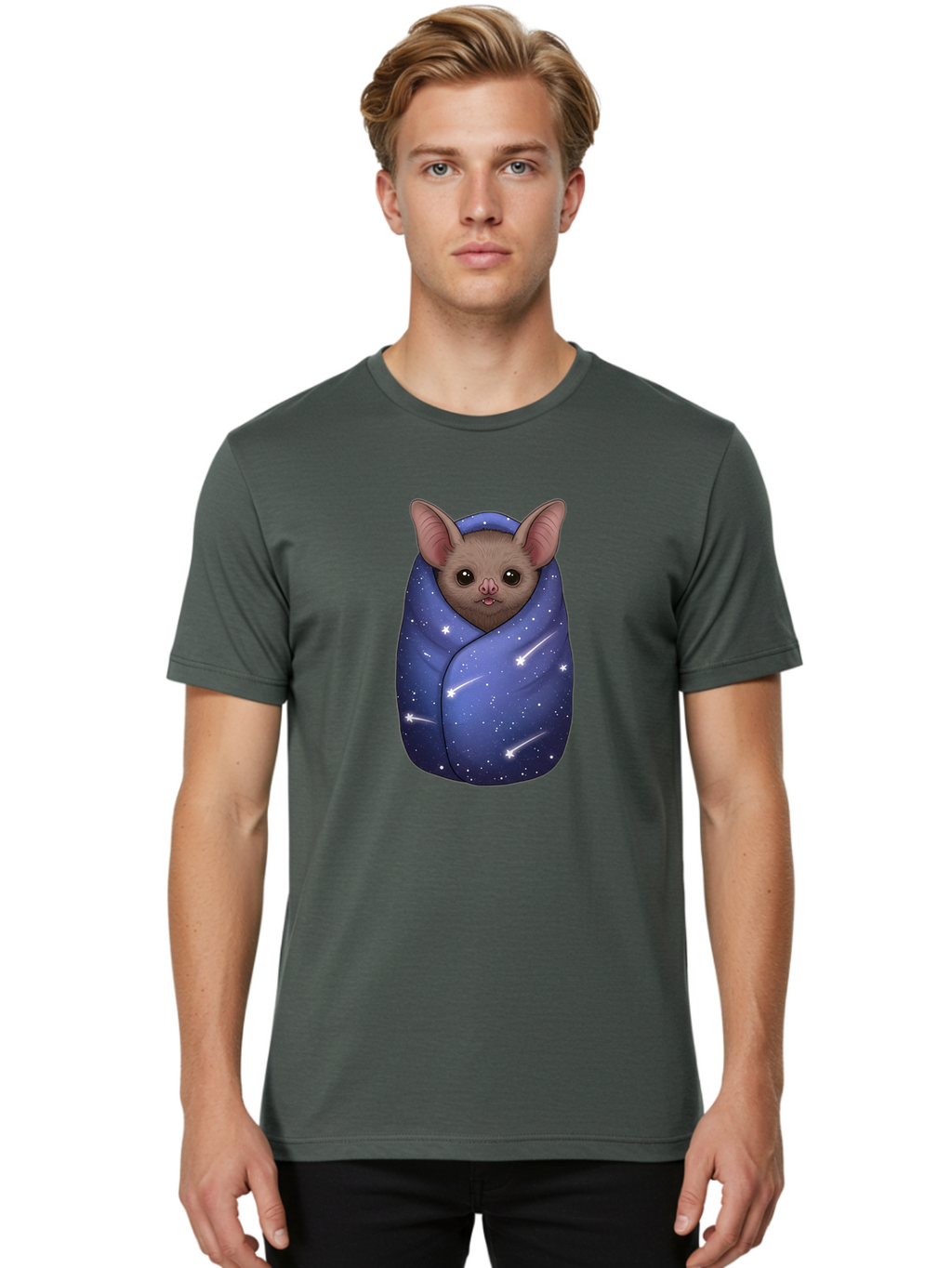 Bat-Wrapped-In-Galaxy-Blanket-2 Men'S Graphic Tee, 100% Cotton, Comfortable Casual Summer Wear, Machine Washable, Vintage Camera, Old Camera, Antique Camera, Black Camera, Classic Photography, Photography Equipment, Nostalgic Device, Bal769