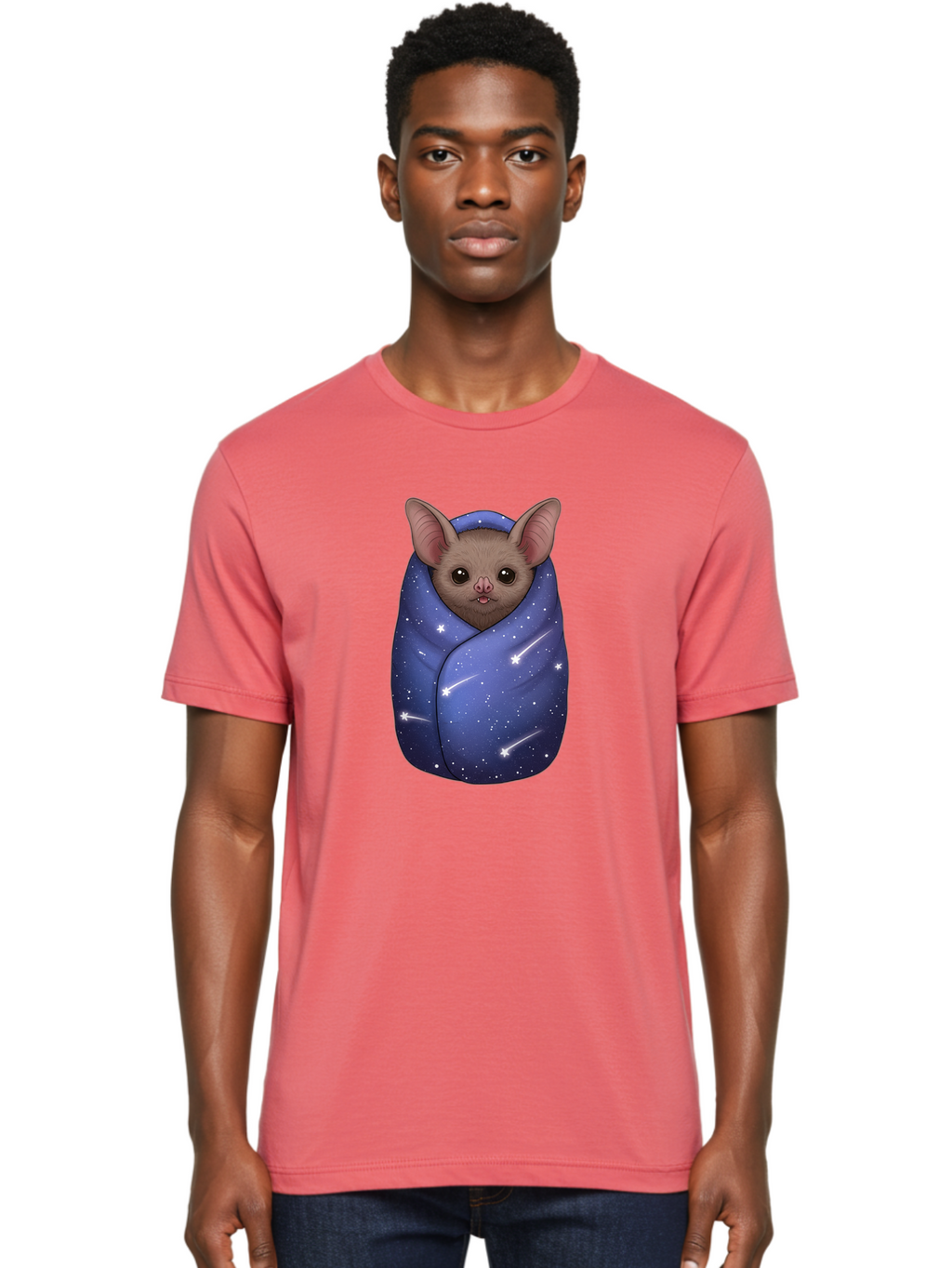 Bat-Wrapped-In-Galaxy-Blanket-2 Men'S Graphic Tee, 100% Cotton, Comfortable Casual Summer Wear, Machine Washable, Vintage Camera, Old Camera, Antique Camera, Black Camera, Classic Photography, Photography Equipment, Nostalgic Device, Bal769