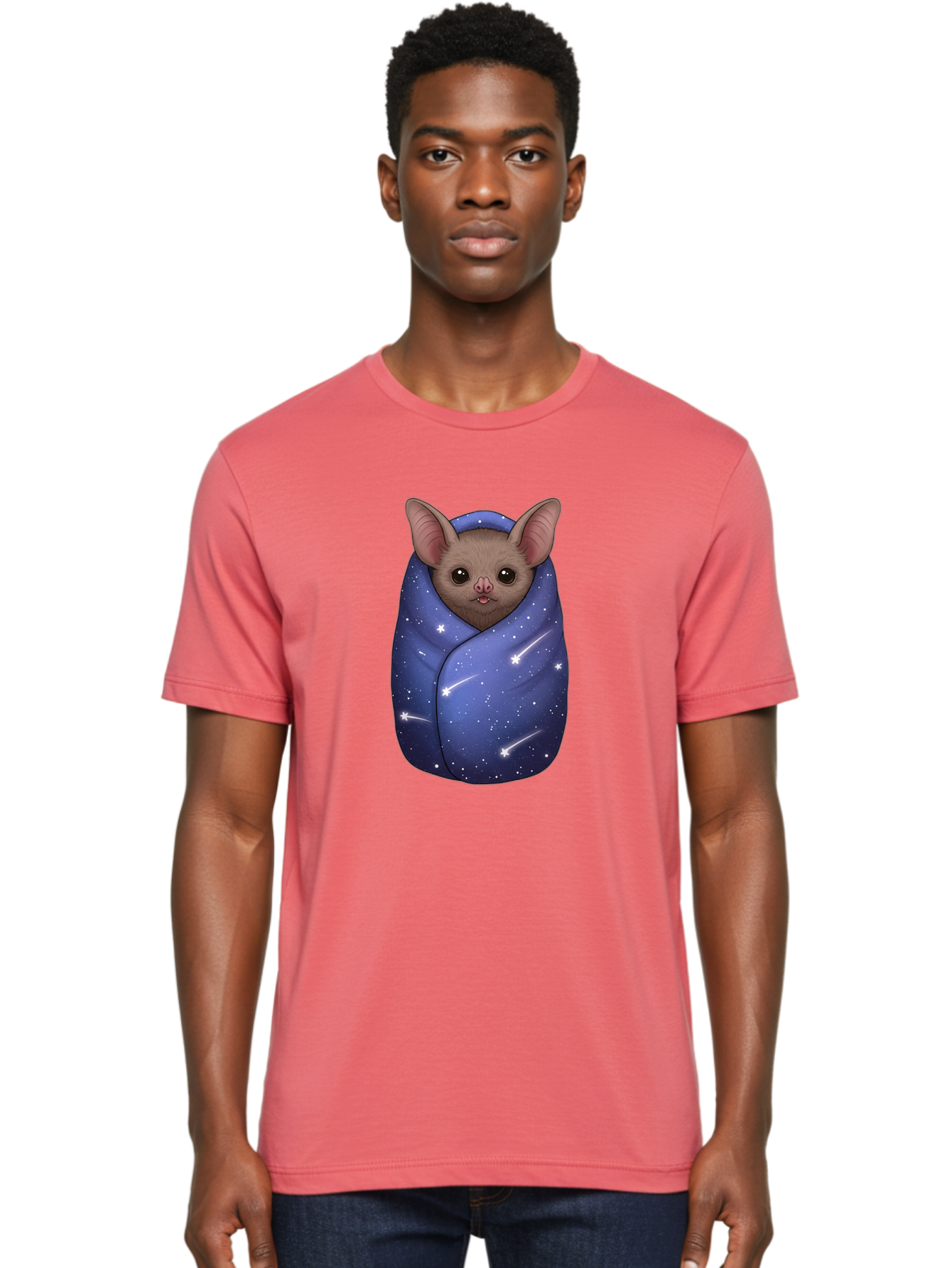 Bat-Wrapped-In-Galaxy-Blanket-2 Men'S Graphic Tee, 100% Cotton, Comfortable Casual Summer Wear, Machine Washable, Vintage Camera, Old Camera, Antique Camera, Black Camera, Classic Photography, Photography Equipment, Nostalgic Device, Bal769
