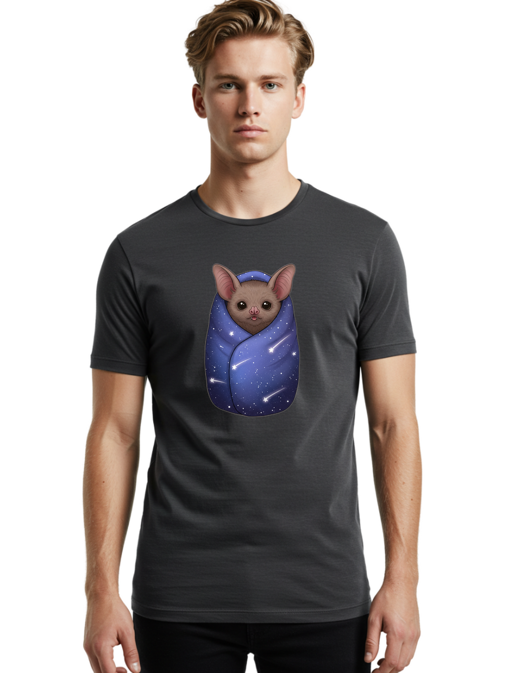 Bat-Wrapped-In-Galaxy-Blanket-2 Men'S Graphic Tee, 100% Cotton, Comfortable Casual Summer Wear, Machine Washable, Vintage Camera, Old Camera, Antique Camera, Black Camera, Classic Photography, Photography Equipment, Nostalgic Device, Bal769