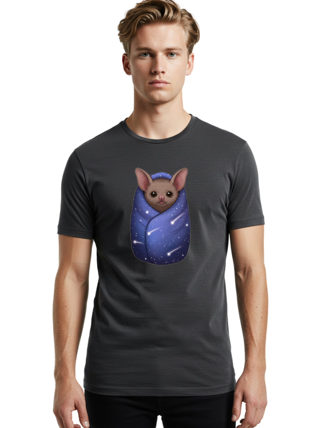 Bat-Wrapped-In-Galaxy-Blanket-2 Men'S Graphic Tee, 100% Cotton, Comfortable Casual Summer Wear, Machine Washable, Vintage Camera, Old Camera, Antique Camera, Black Camera, Classic Photography, Photography Equipment, Nostalgic Device, Bal769