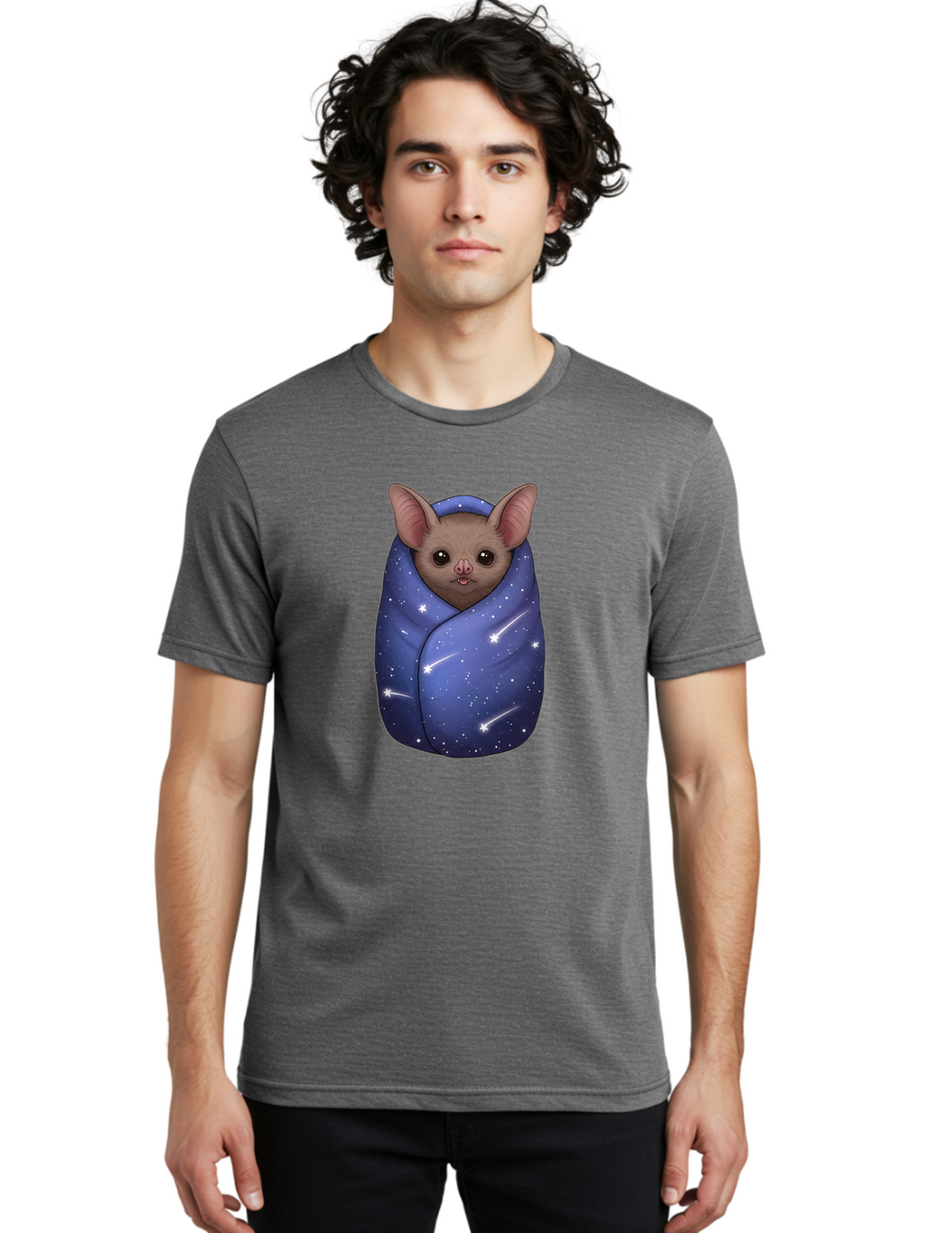 Bat-Wrapped-In-Galaxy-Blanket-2 Men'S Graphic Tee, 100% Cotton, Comfortable Casual Summer Wear, Machine Washable, Vintage Camera, Old Camera, Antique Camera, Black Camera, Classic Photography, Photography Equipment, Nostalgic Device, Bal769
