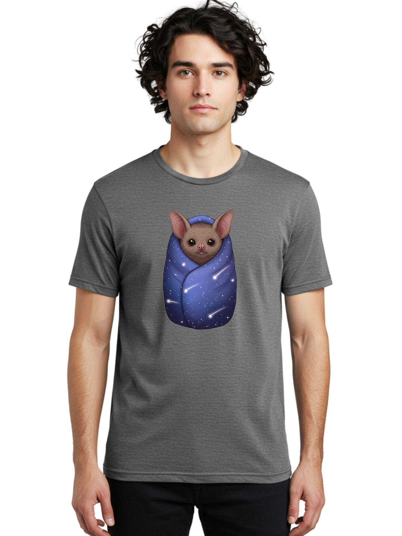 Bat-Wrapped-In-Galaxy-Blanket-2 Men'S Graphic Tee, 100% Cotton, Comfortable Casual Summer Wear, Machine Washable, Vintage Camera, Old Camera, Antique Camera, Black Camera, Classic Photography, Photography Equipment, Nostalgic Device, Bal769