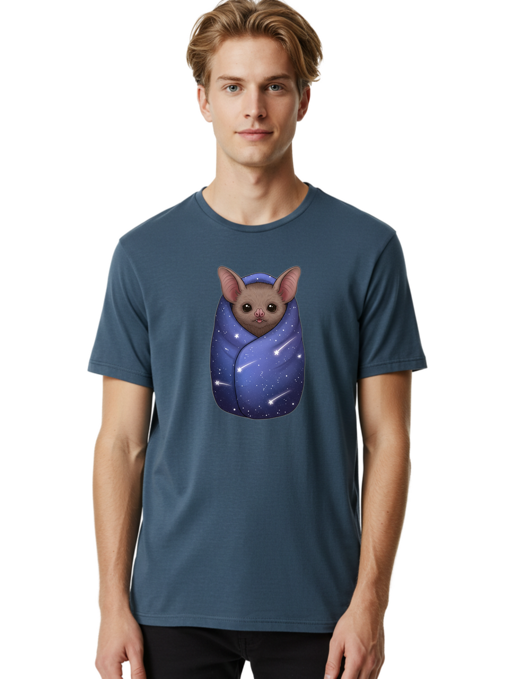 Bat-Wrapped-In-Galaxy-Blanket-2 Men'S Graphic Tee, 100% Cotton, Comfortable Casual Summer Wear, Machine Washable, Vintage Camera, Old Camera, Antique Camera, Black Camera, Classic Photography, Photography Equipment, Nostalgic Device, Bal769