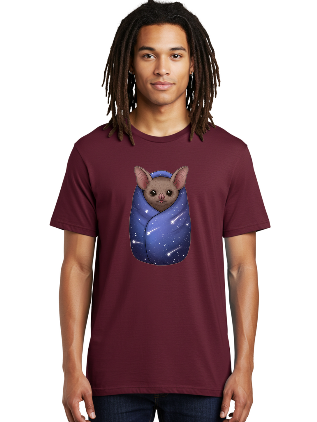 Bat-Wrapped-In-Galaxy-Blanket-2 Men'S Graphic Tee, 100% Cotton, Comfortable Casual Summer Wear, Machine Washable, Vintage Camera, Old Camera, Antique Camera, Black Camera, Classic Photography, Photography Equipment, Nostalgic Device, Bal769