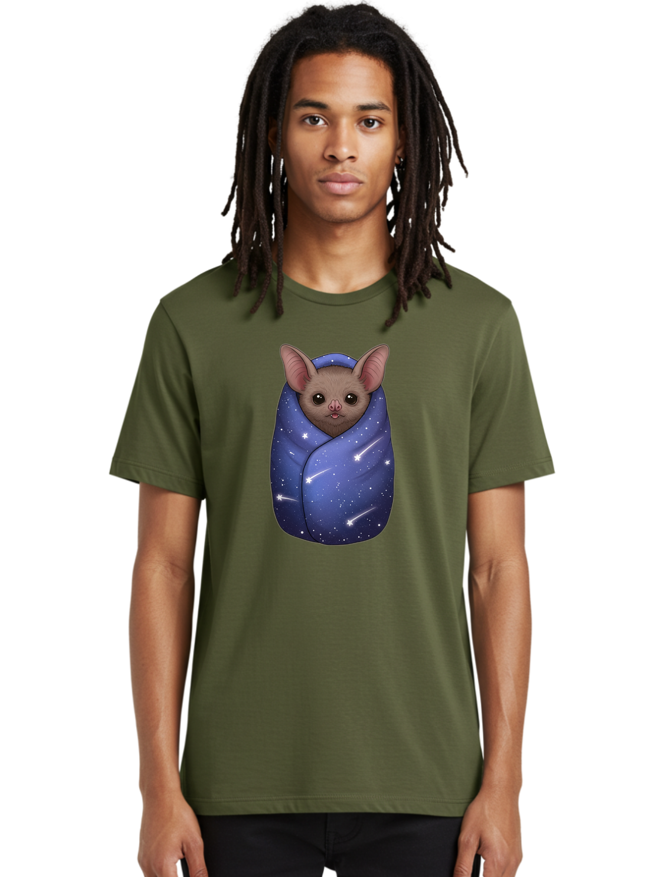 Bat-Wrapped-In-Galaxy-Blanket-2 Men'S Graphic Tee, 100% Cotton, Comfortable Casual Summer Wear, Machine Washable, Vintage Camera, Old Camera, Antique Camera, Black Camera, Classic Photography, Photography Equipment, Nostalgic Device, Bal769